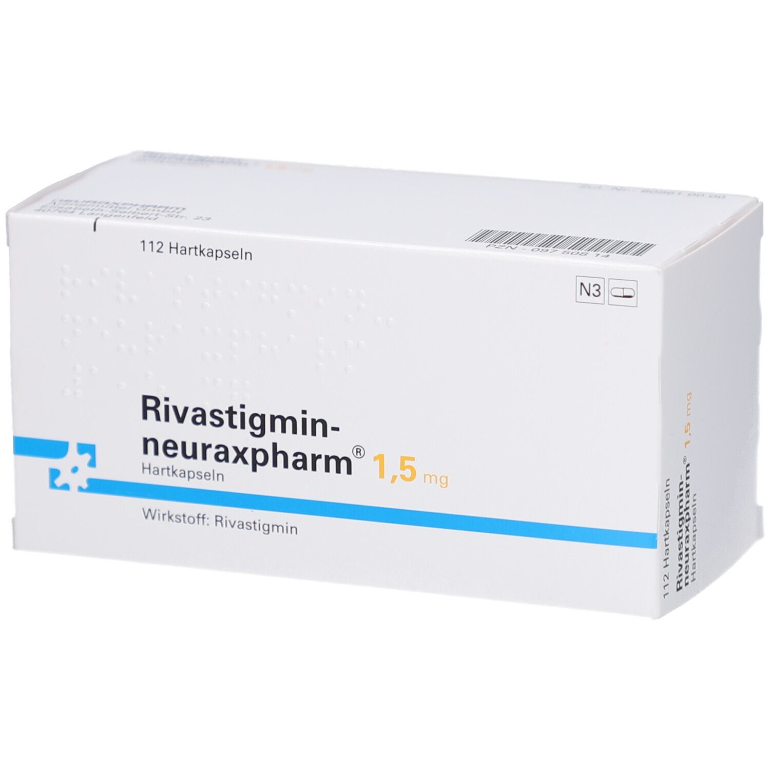 Weiße Schachtel mit Aufschrift RIVASTIGMIN neuraxpharm 1,5 mg Hartkapseln. Enthält 112 Hartkapseln. Blaue und gelbe Akzente.