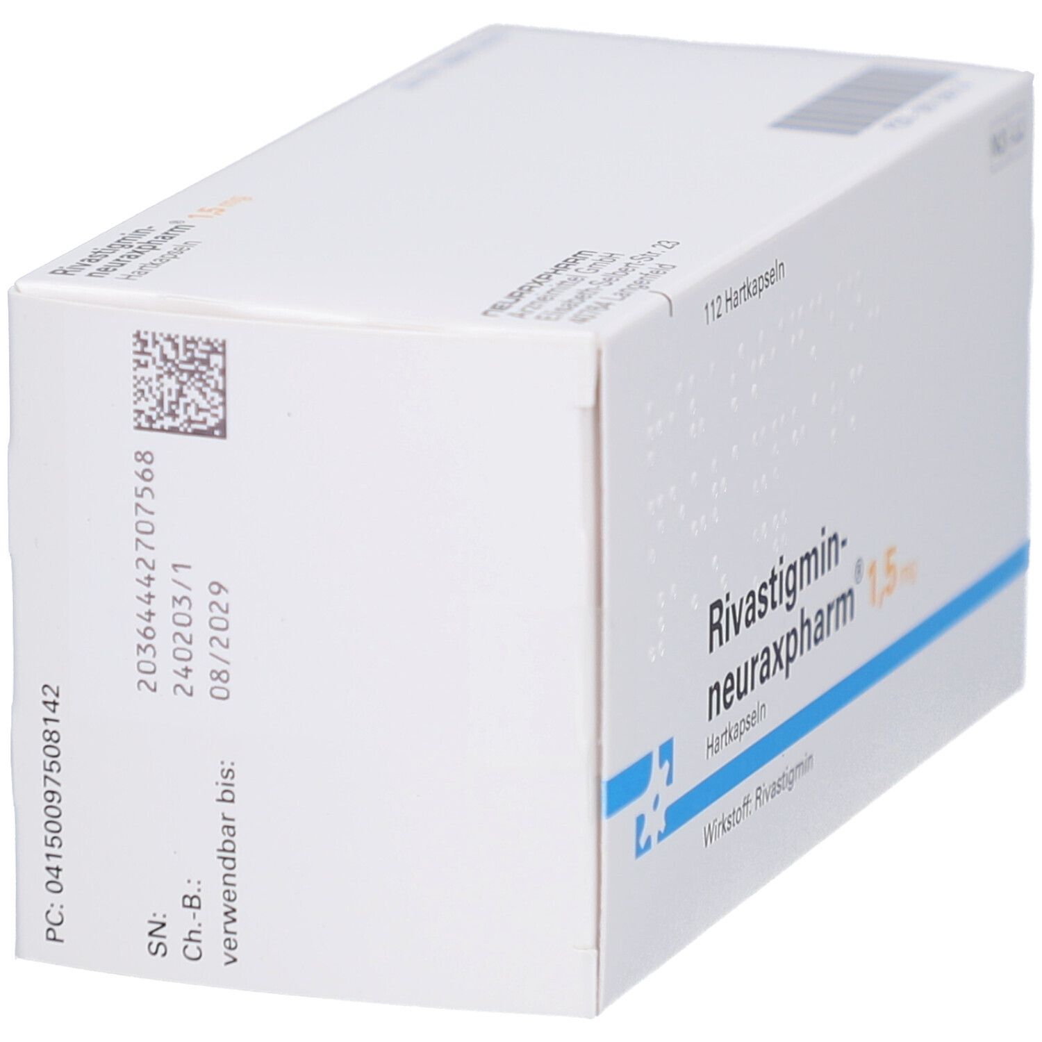Weiße Schachtel mit Aufschrift RIVASTIGMIN neuraxpharm 1,5 mg Hartkapseln. Enthält 112 Hartkapseln. Details zu Chargennummer und Verfallsdatum.