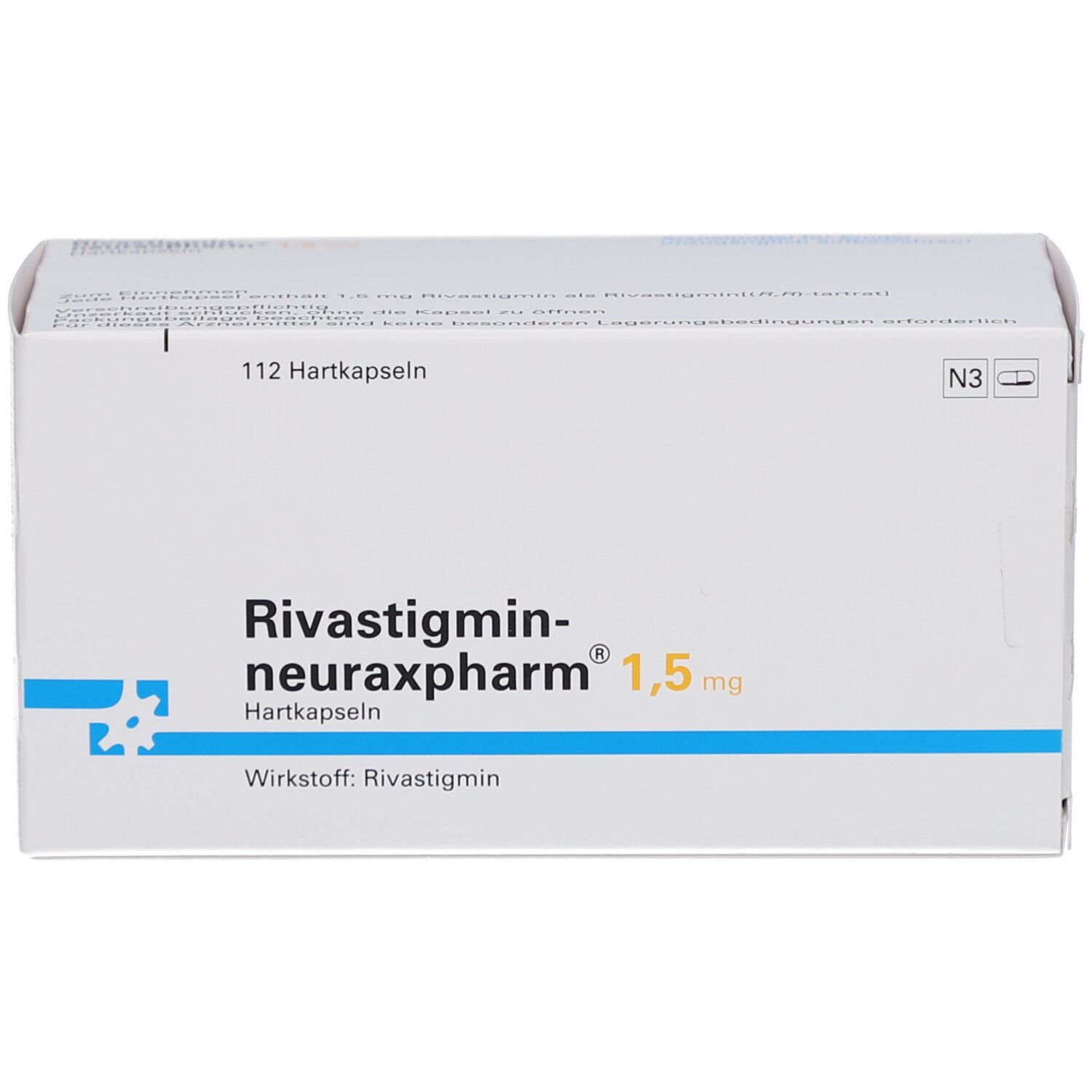 Weiße Schachtel mit Aufschrift RIVASTIGMIN neuraxpharm 1,5 mg Hartkapseln. Enthält 112 Hartkapseln. Blaue und gelbe Akzente.
