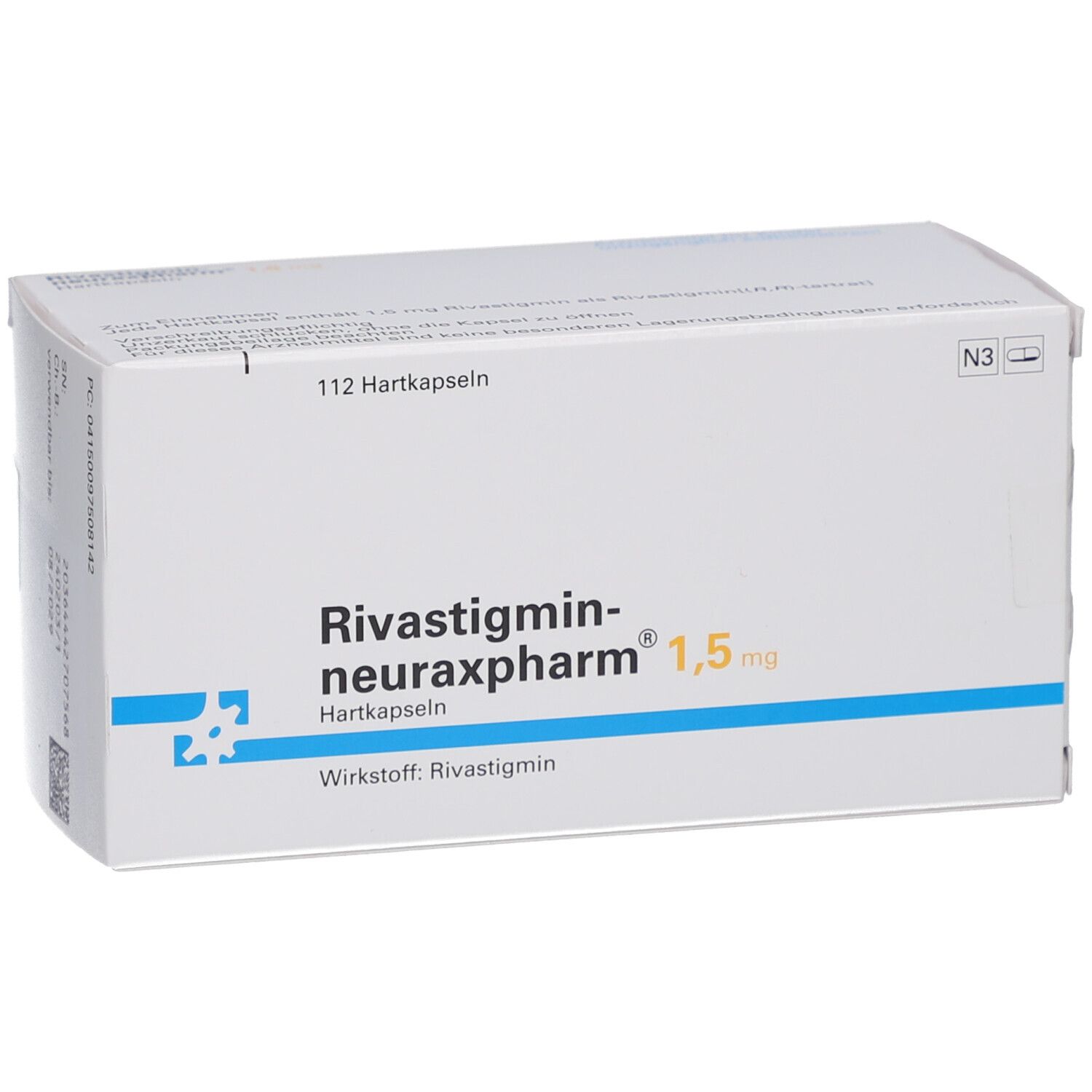 Weiße Schachtel mit Aufschrift RIVASTIGMIN neuraxpharm 1,5 mg Hartkapseln. Enthält 112 Hartkapseln. Blaue und gelbe Akzente.