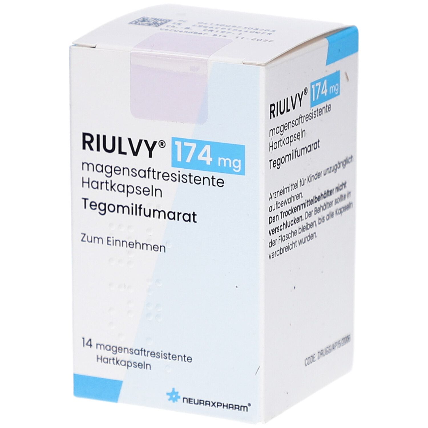 Schachtel mit RIULVY 174 mg magensaftresistente Hartkapseln. Enthält 14 Kapseln. Blaue und weiße Farbgebung. Text in Deutsch.
