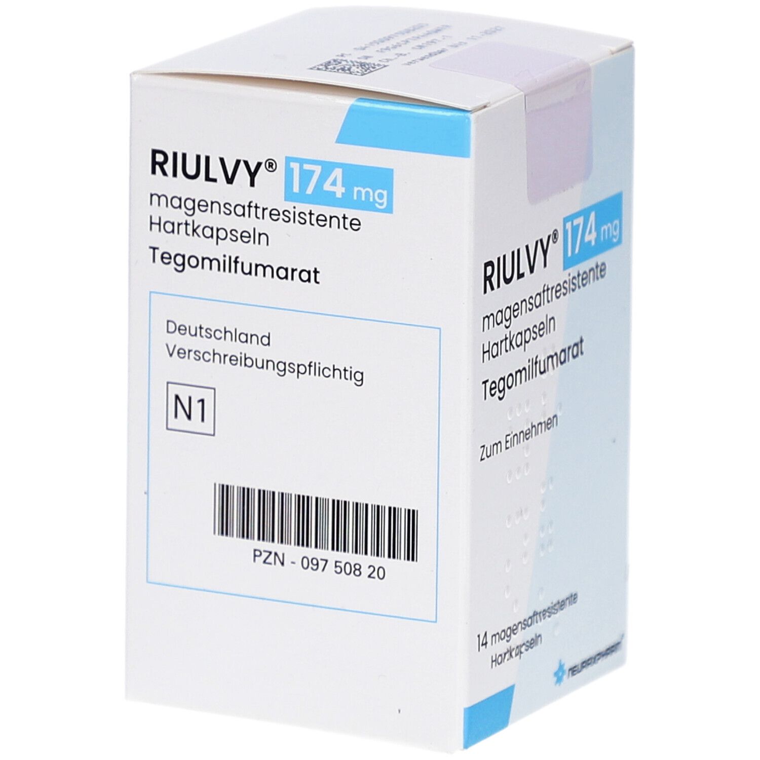 Schachtel mit RIULVY 174 mg magensaftresistente Hartkapseln. Enthält 14 Kapseln. Barcode und weitere Informationen in Deutsch.