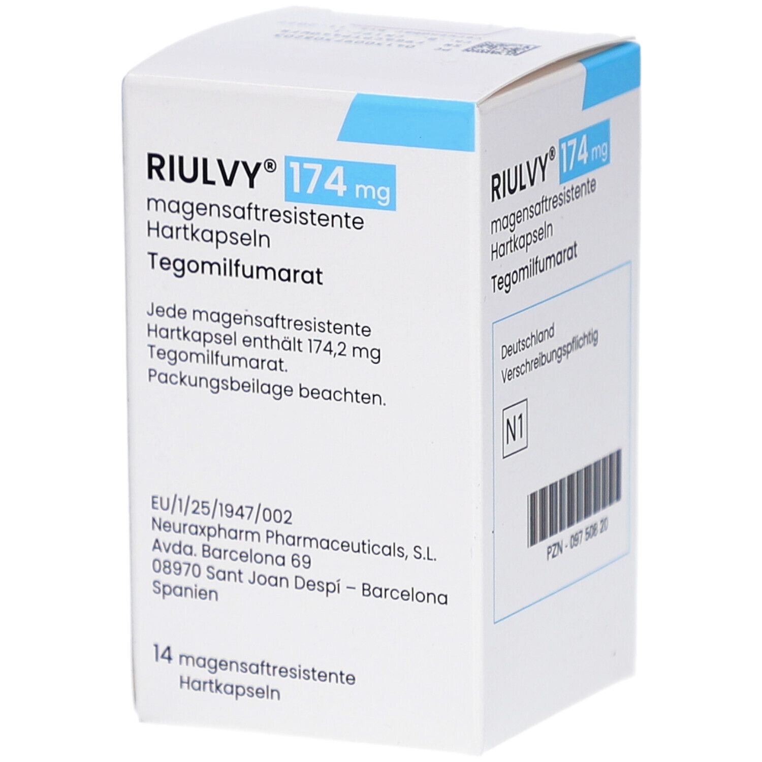 Schachtel mit RIULVY 174 mg magensaftresistente Hartkapseln. Enthält 14 Kapseln. Herstellerinformationen und Text in Deutsch.