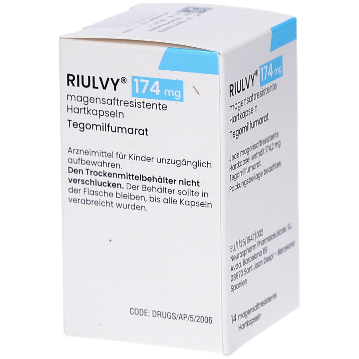 Schachtel mit RIULVY 174 mg magensaftresistente Hartkapseln. Enthält 14 Kapseln. Text in Deutsch, Warnhinweise.