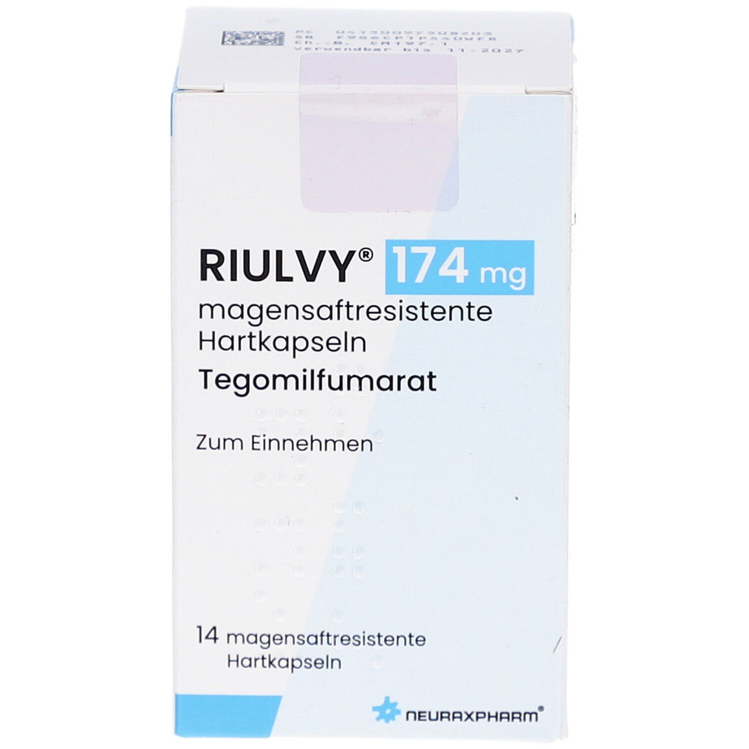 Schachtel mit RIULVY 174 mg magensaftresistente Hartkapseln. Enthält 14 Kapseln. Blaue und weiße Farbgebung. Text in Deutsch.