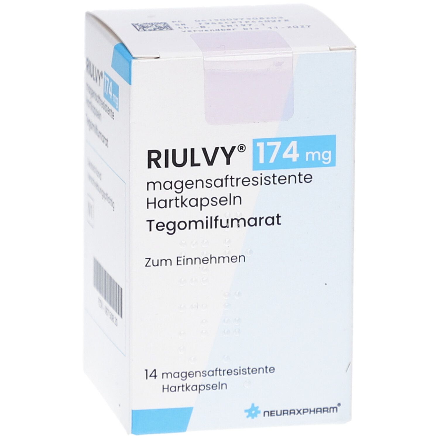 Schachtel mit RIULVY 174 mg magensaftresistente Hartkapseln. Enthält 14 Kapseln. Blaue und weiße Farbgebung. Text in Deutsch.