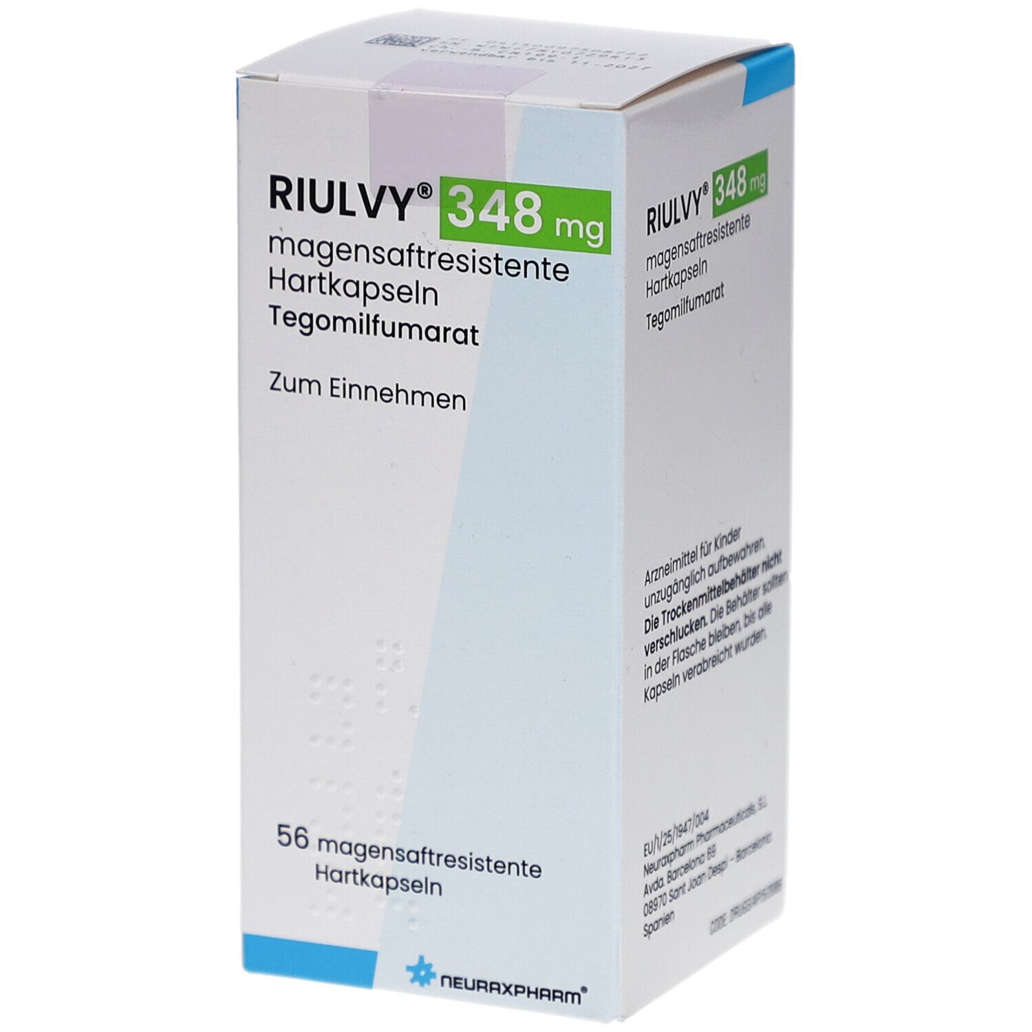 Karton mit RIULVY 348 mg magensaftresistente Hartkapseln. Aufschrift: Tegomilfumarat, 56 Hartkapseln. Blaue und grüne Akzente.