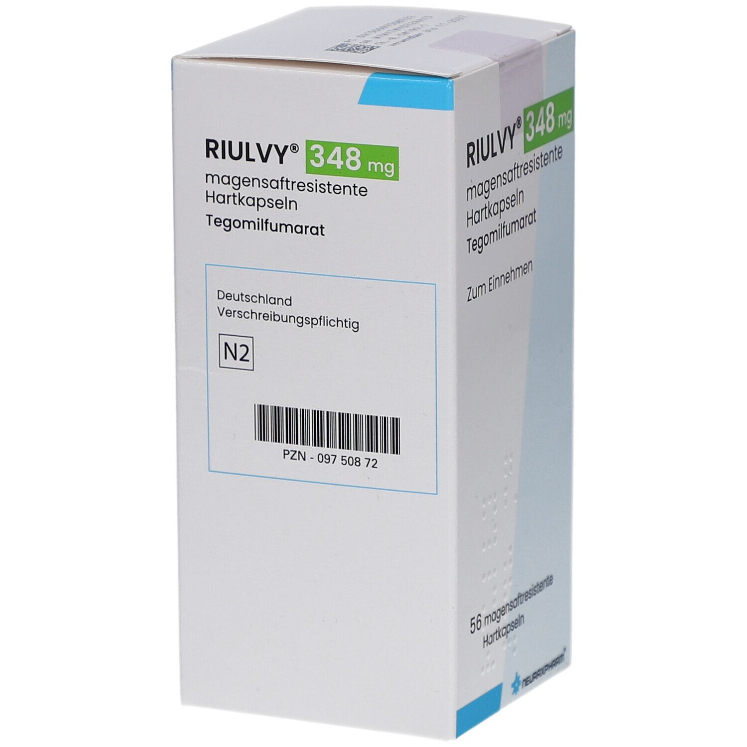 Weißer Karton mit RIULVY 348 mg. Aufschrift: magensaftresistente Hartkapseln, Tegomilfumarat. N2. Barcode. Deutschland.