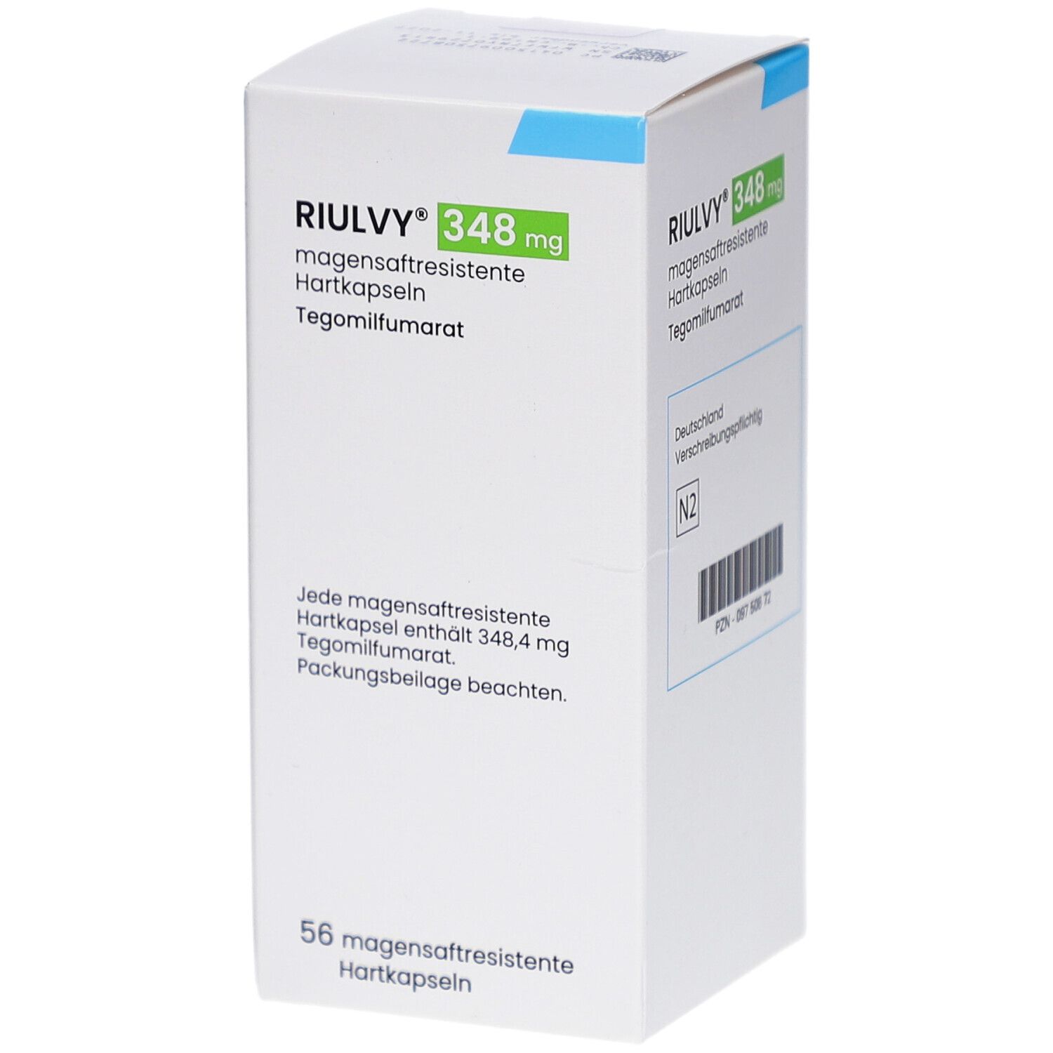Karton von RIULVY 348 mg magensaftresistente Hartkapseln. Aufschrift: Tegomilfumarat, 56 Hartkapseln. Mit Barcode und N2-Kennzeichnung.