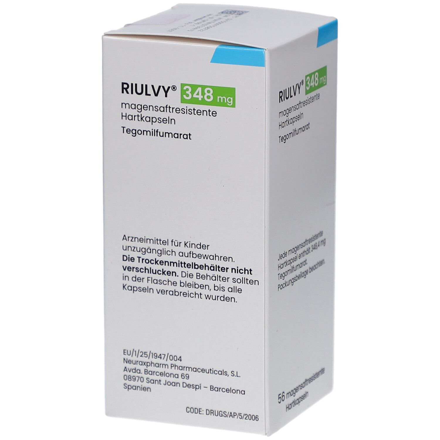 Weißer Karton mit RIULVY 348 mg. Aufschrift: magensaftresistente Hartkapseln, Tegomilfumarat. Text über Aufbewahrung und Hersteller.