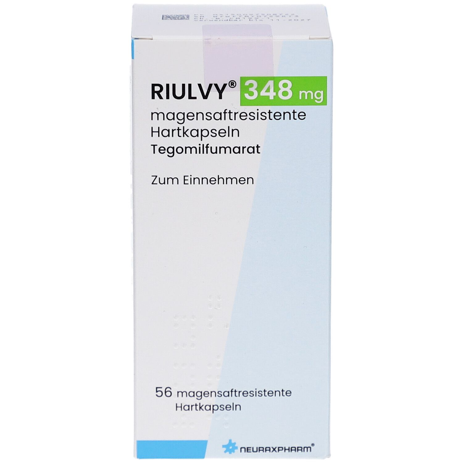 Karton von RIULVY 348 mg magensaftresistente Hartkapseln. Aufschrift: Tegomilfumarat, 56 Hartkapseln. Blaue und grüne Akzente.