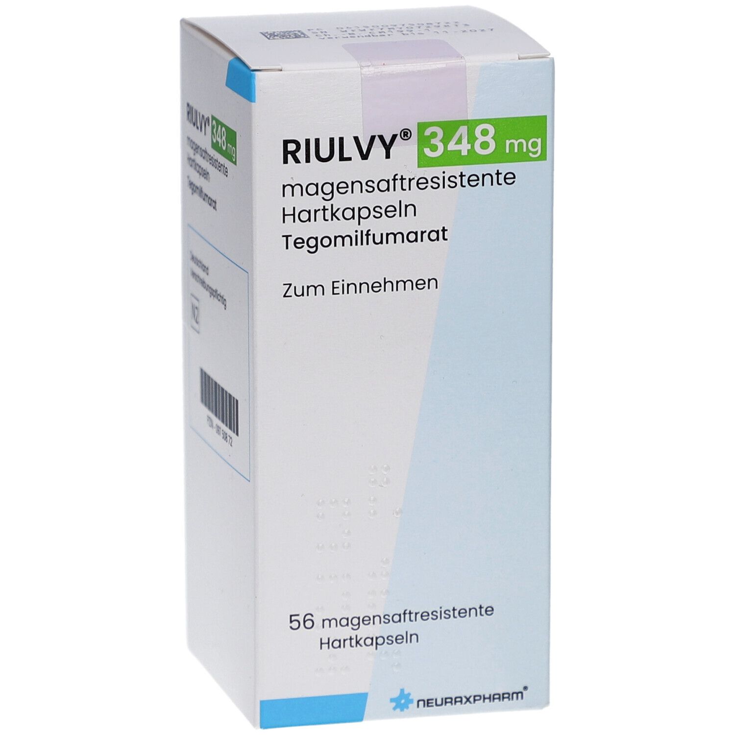 Karton von RIULVY 348 mg magensaftresistente Hartkapseln. Aufschrift: Tegomilfumarat, 56 Hartkapseln. Blaue und grüne Akzente.