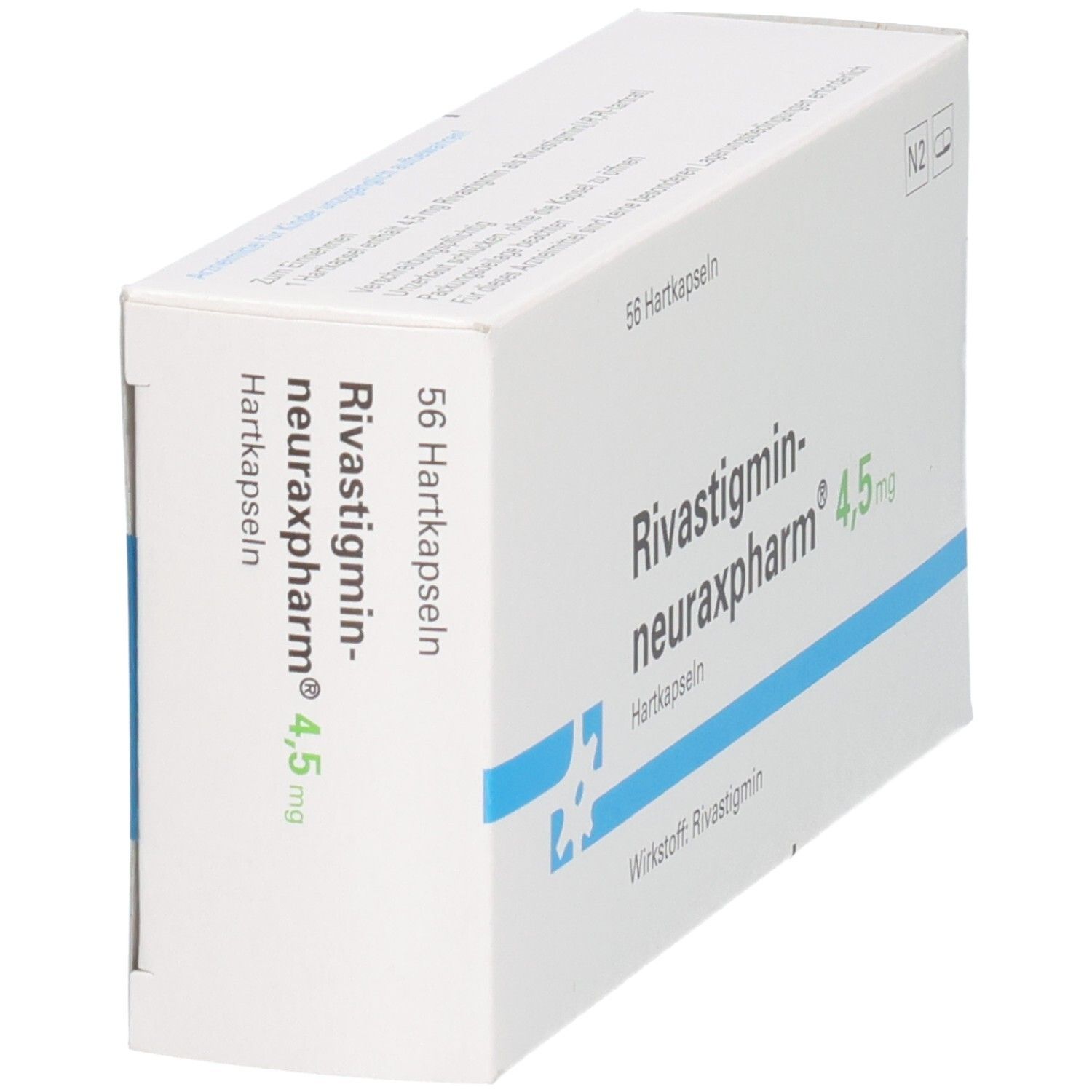 Verpackung RIVASTIGMIN neuraxpharm 4,5 mg Hartkapseln, 56 Stück, Seitenansicht.