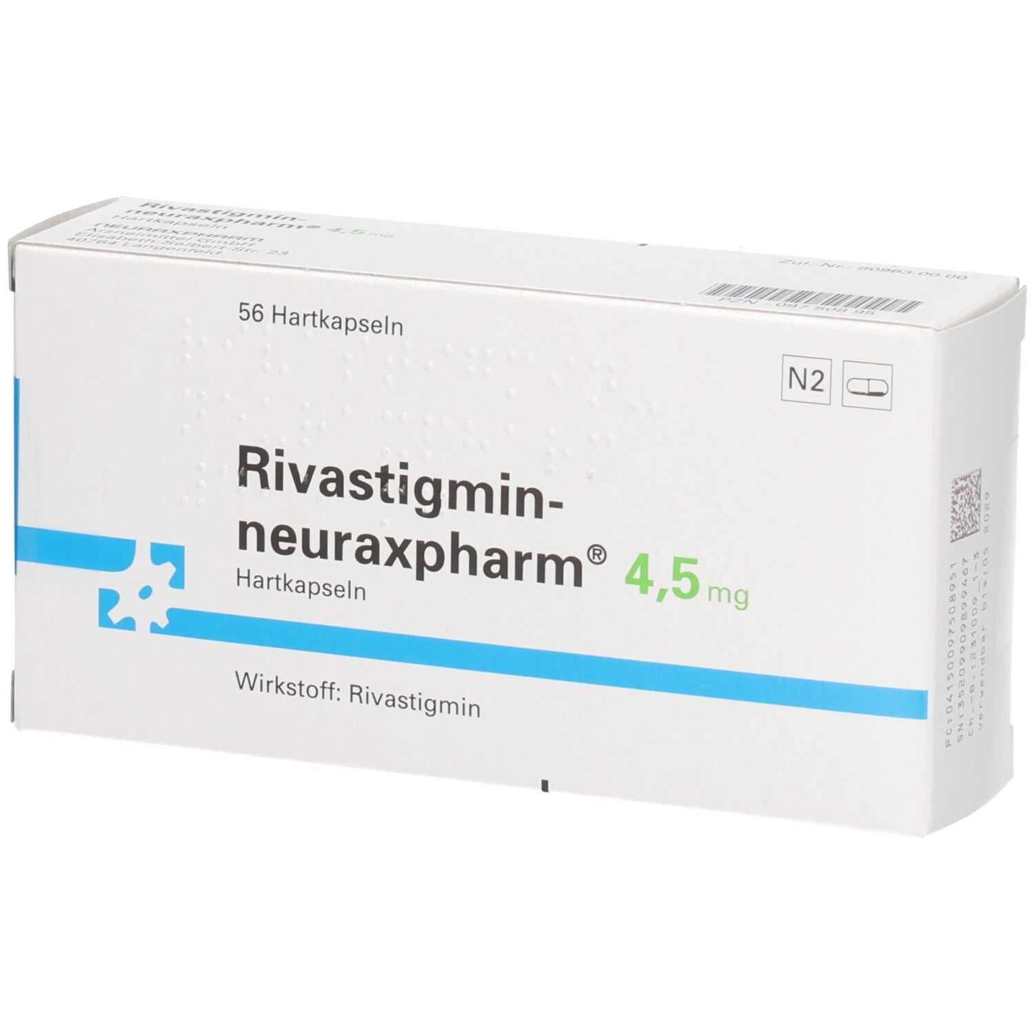Verpackung RIVASTIGMIN neuraxpharm 4,5 mg Hartkapseln, 56 Stück.