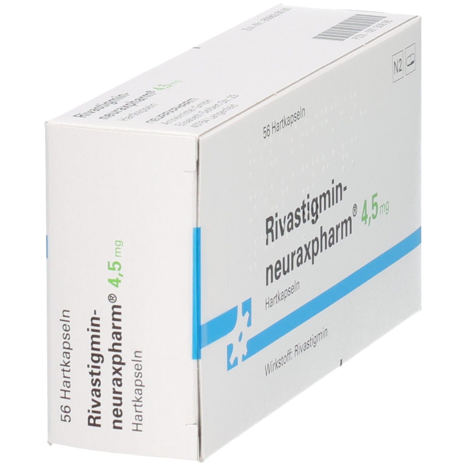 Verpackung RIVASTIGMIN neuraxpharm 4,5 mg Hartkapseln, 56 Stück, schräge Ansicht.