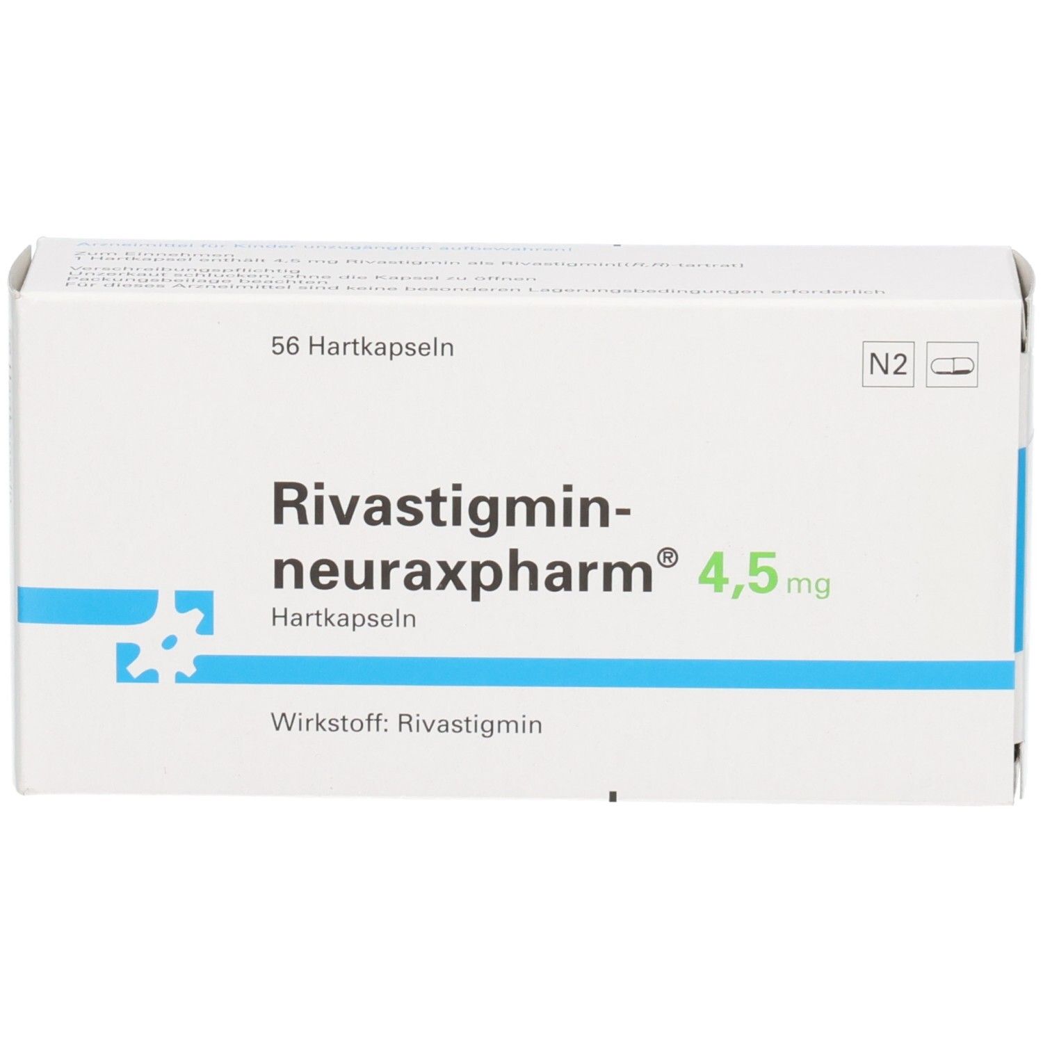 Verpackung RIVASTIGMIN neuraxpharm 4,5 mg Hartkapseln, 56 Stück.