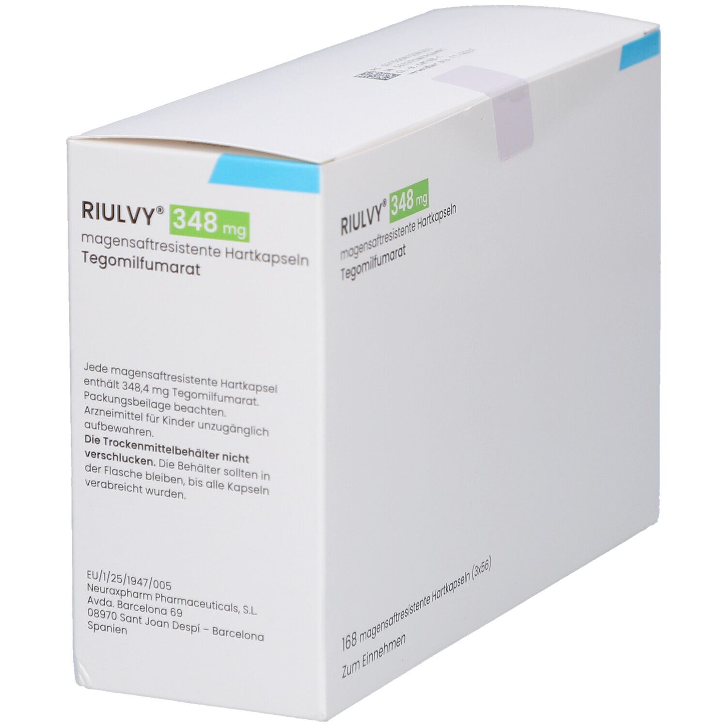 Kartonverpackung mit RIULVY 348 mg. Enthält 168 magensaftresistente Hartkapseln. Text und Informationen.