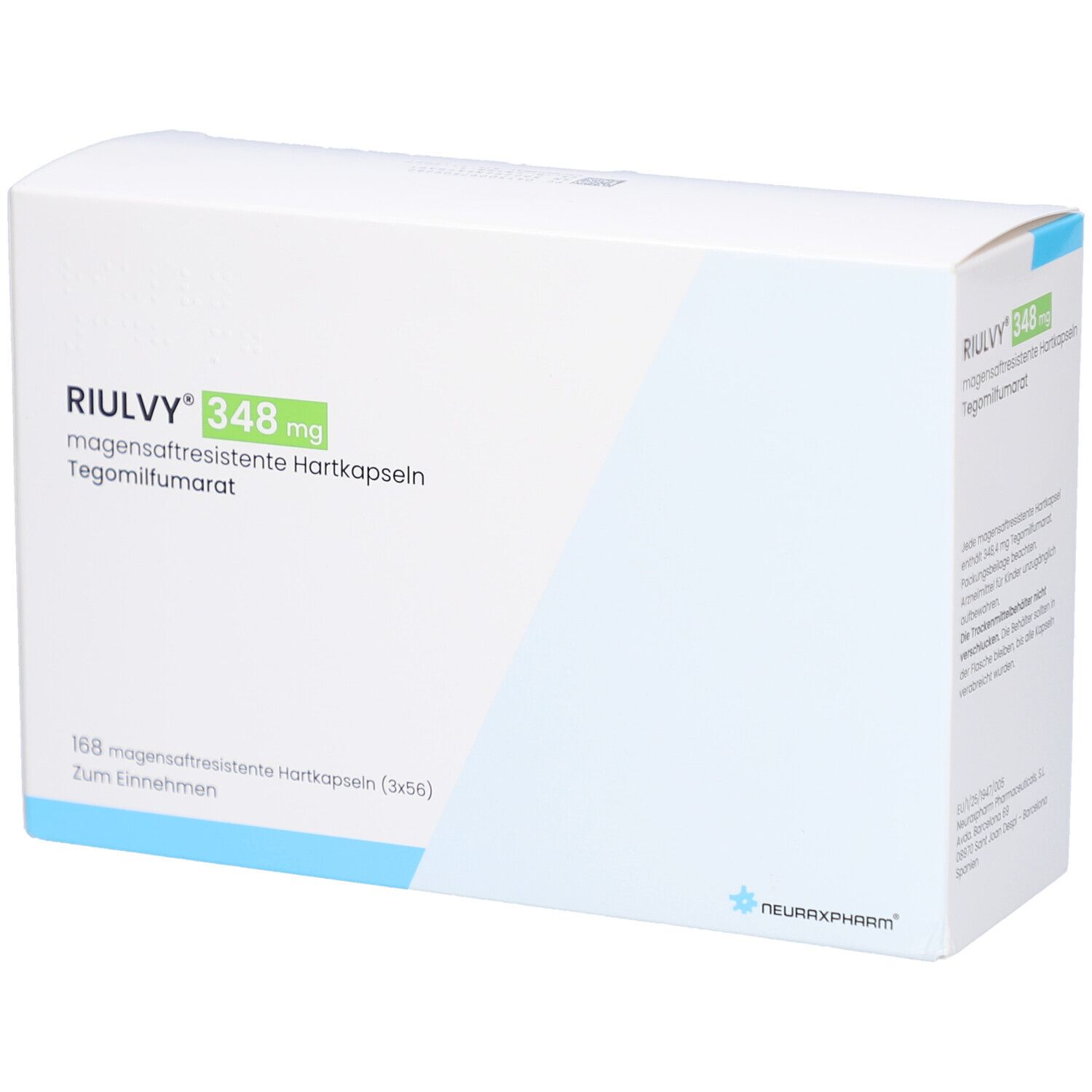 Kartonverpackung mit RIULVY 348 mg. Enthält 168 magensaftresistente Hartkapseln. Text und Logo.