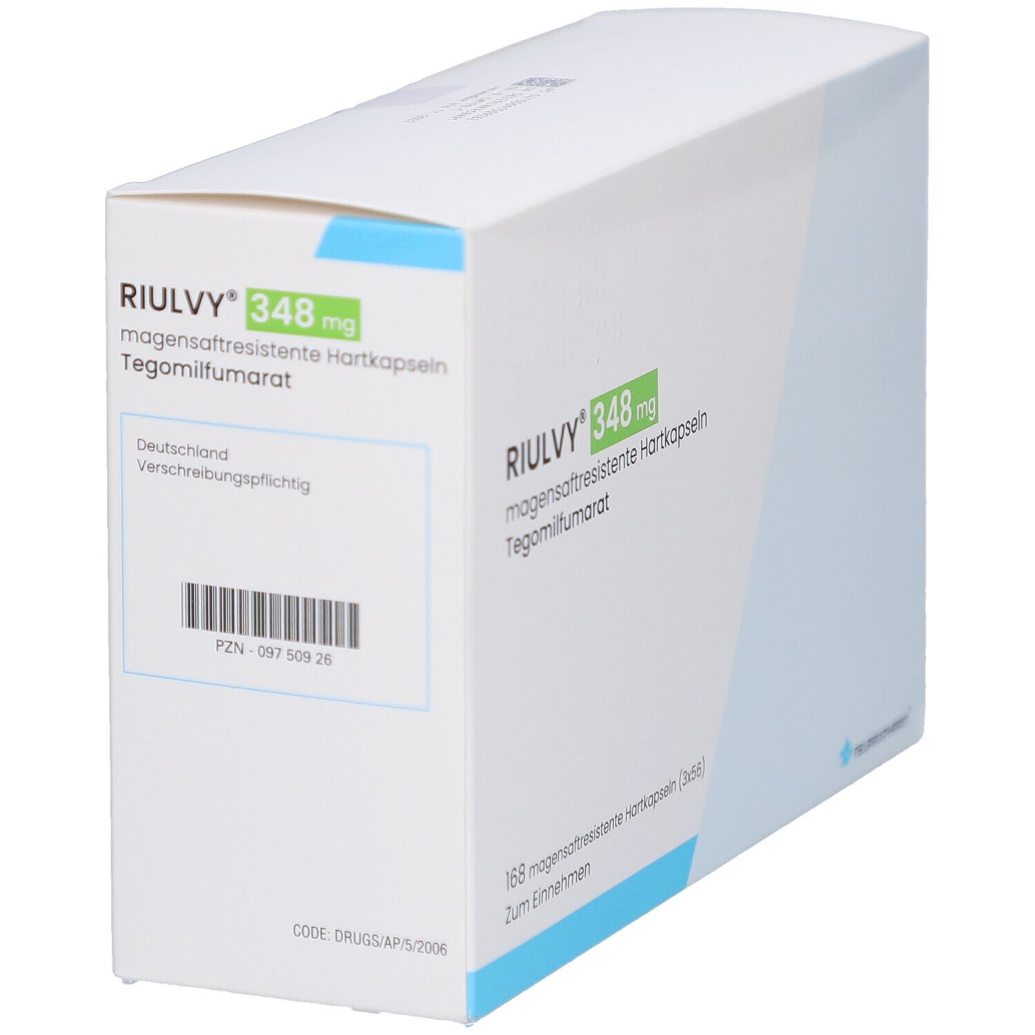 Kartonverpackung mit RIULVY 348 mg. Enthält 168 magensaftresistente Hartkapseln. Barcode und Text.