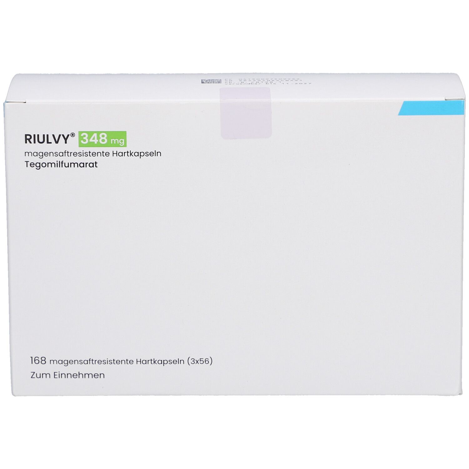 Weiße Kartonverpackung mit RIULVY 348 mg. Enthält 168 magensaftresistente Hartkapseln (3x56).