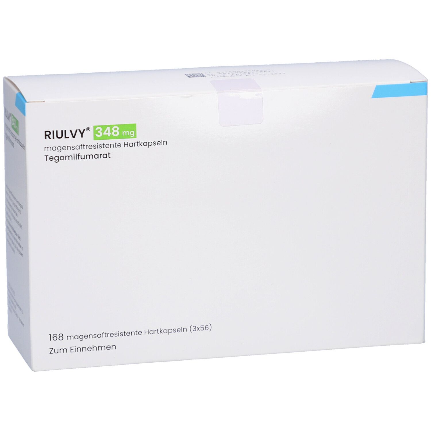 Weiße Kartonverpackung mit RIULVY 348 mg. Enthält 168 magensaftresistente Hartkapseln (3x56).