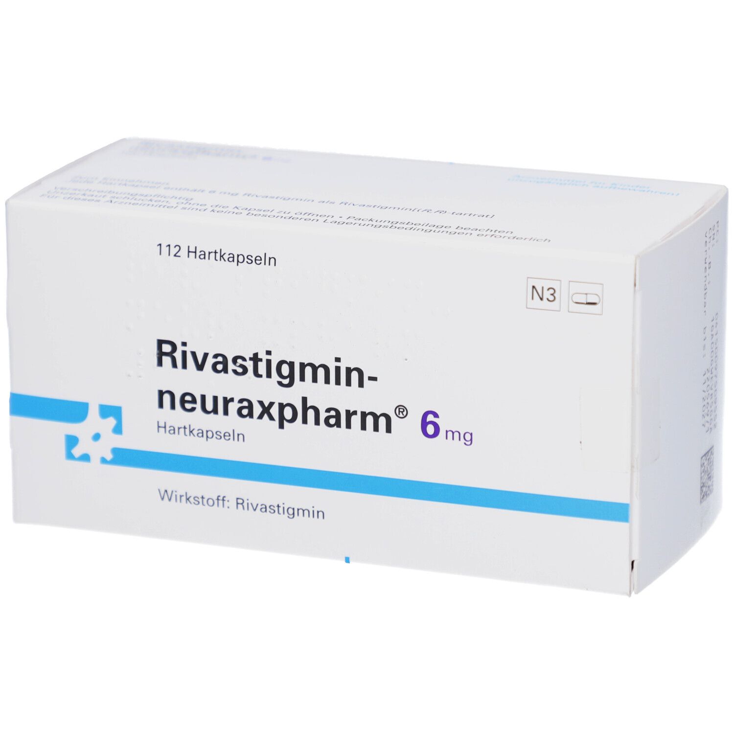 Schachtel mit Rivastigmin-neuraxpharm 6 mg Hartkapseln. Aufschrift: 112 Hartkapseln, Wirkstoff: Rivastigmin.