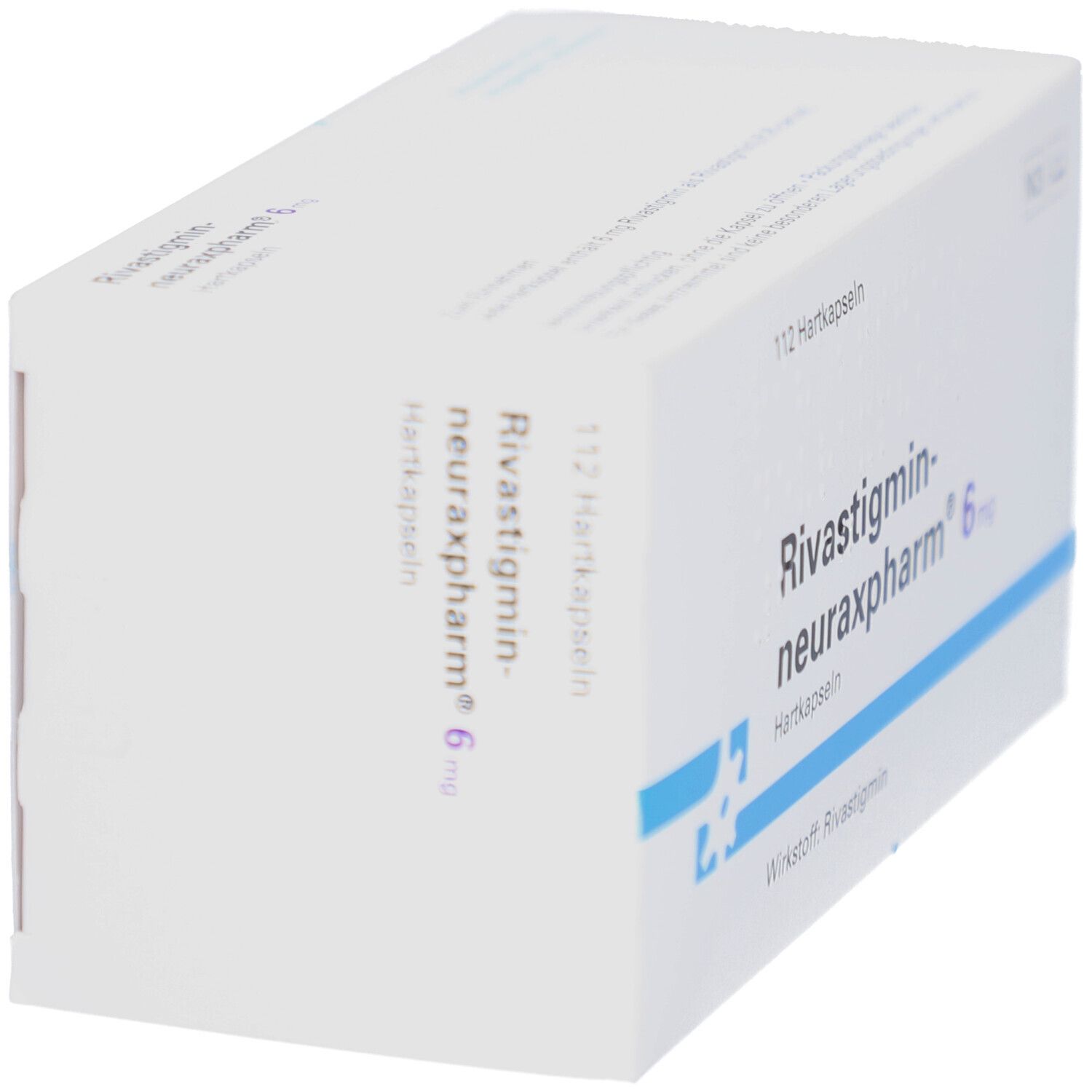 Schachtel mit Rivastigmin-neuraxpharm 6 mg Hartkapseln. Aufschrift: 112 Hartkapseln, Wirkstoff: Rivastigmin.