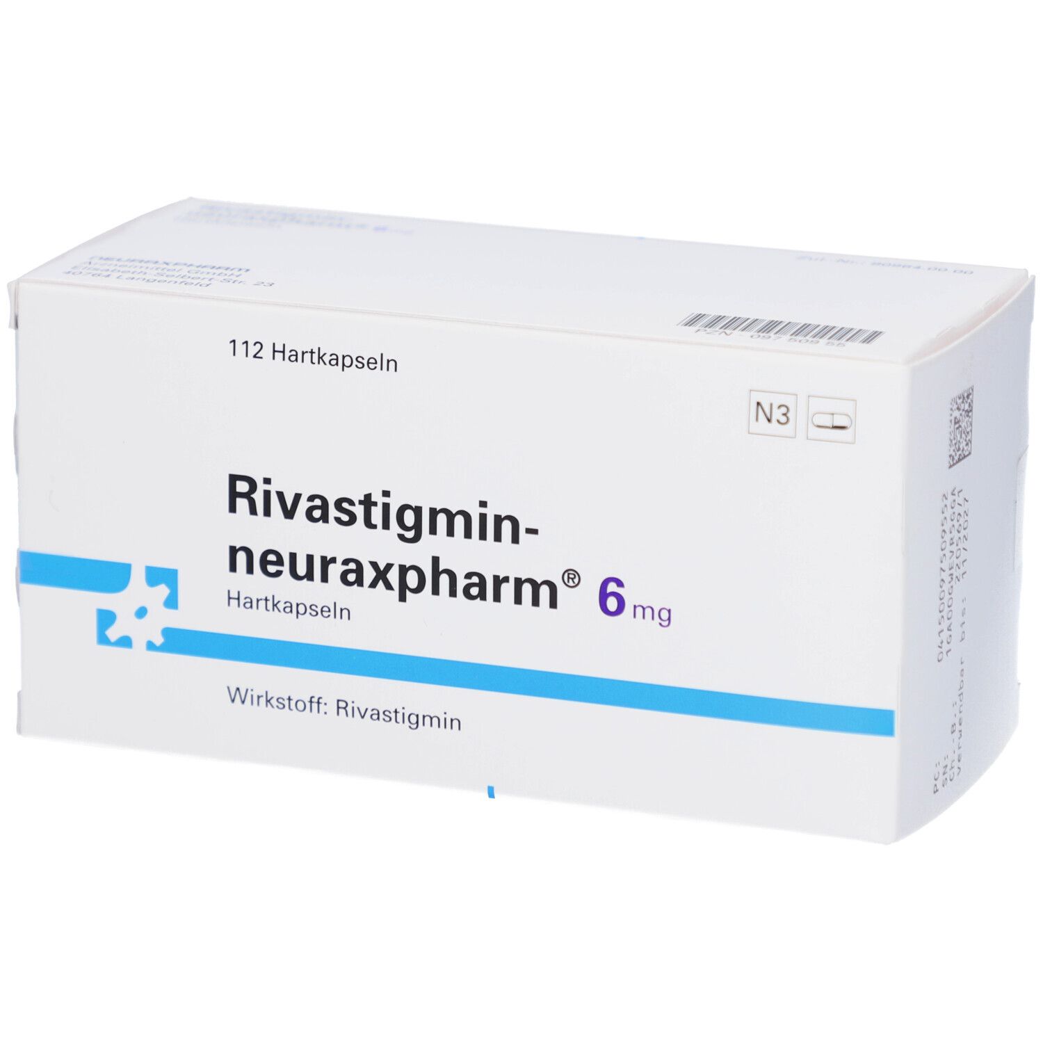Schachtel mit Rivastigmin-neuraxpharm 6 mg Hartkapseln. Aufschrift: 112 Hartkapseln, Wirkstoff: Rivastigmin.