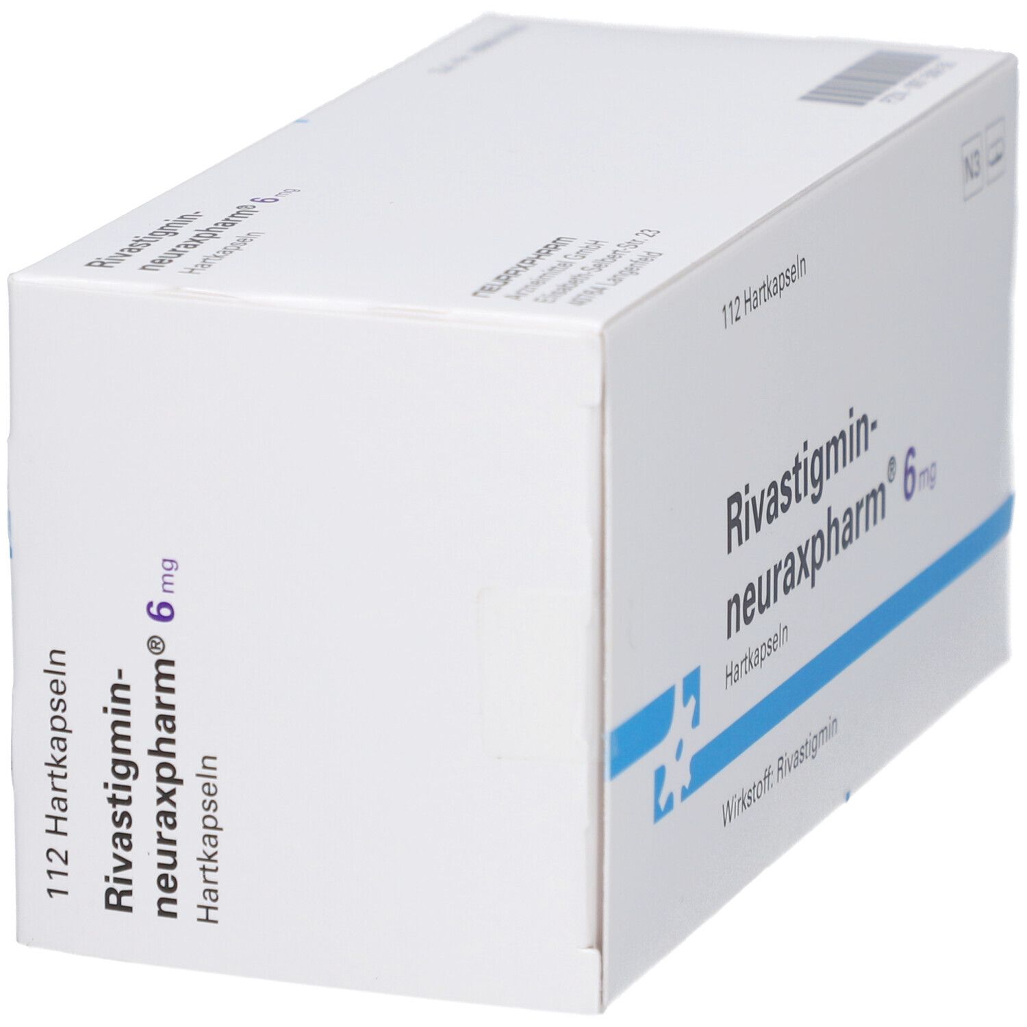 Schachtel mit Rivastigmin-neuraxpharm 6 mg Hartkapseln. Aufschrift: 112 Hartkapseln, Wirkstoff: Rivastigmin.