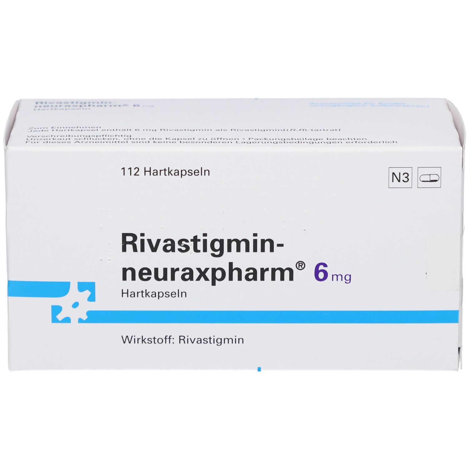 Schachtel mit Rivastigmin-neuraxpharm 6 mg Hartkapseln. Aufschrift: 112 Hartkapseln, Wirkstoff: Rivastigmin.