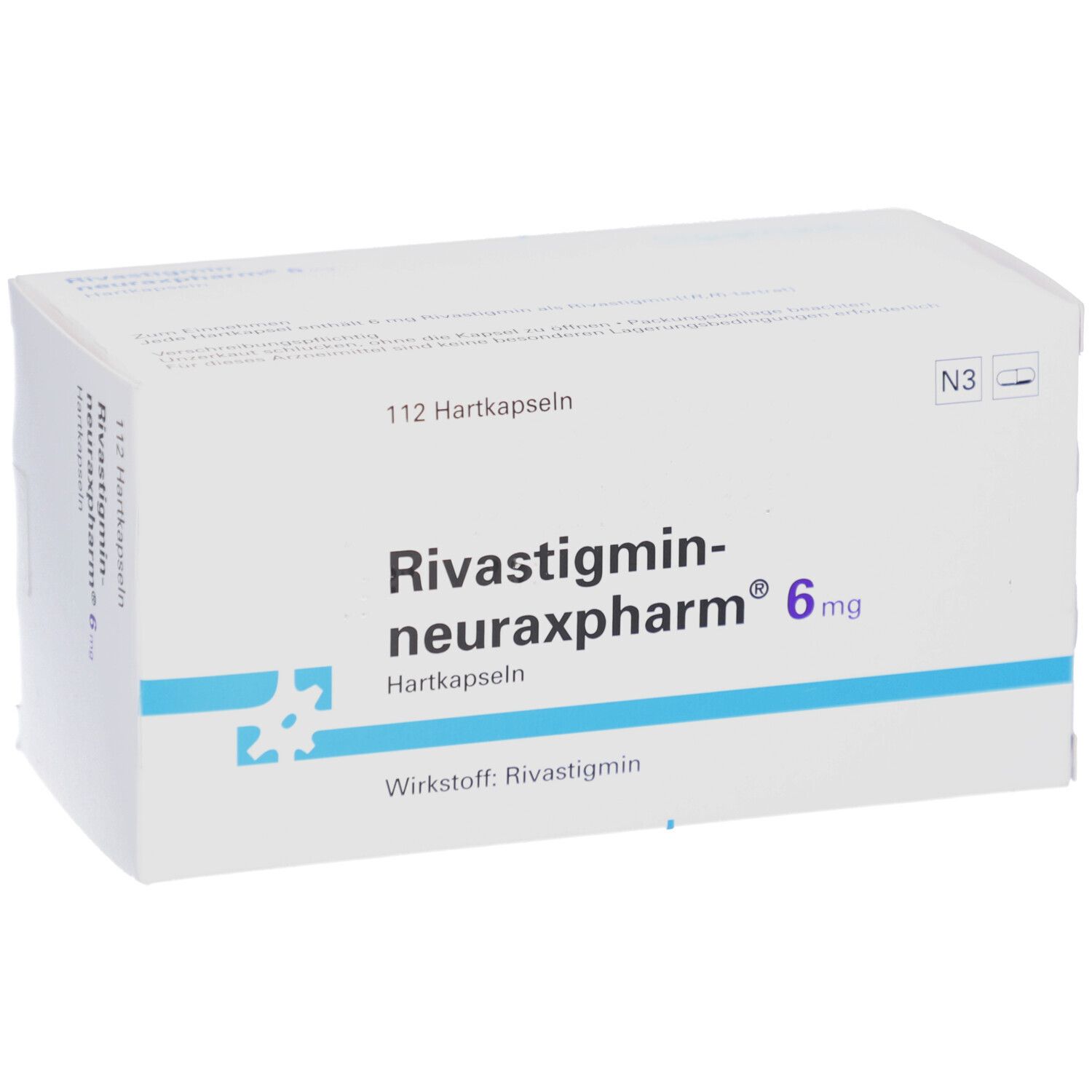 Schachtel mit Rivastigmin-neuraxpharm 6 mg Hartkapseln. Aufschrift: 112 Hartkapseln, Wirkstoff: Rivastigmin.