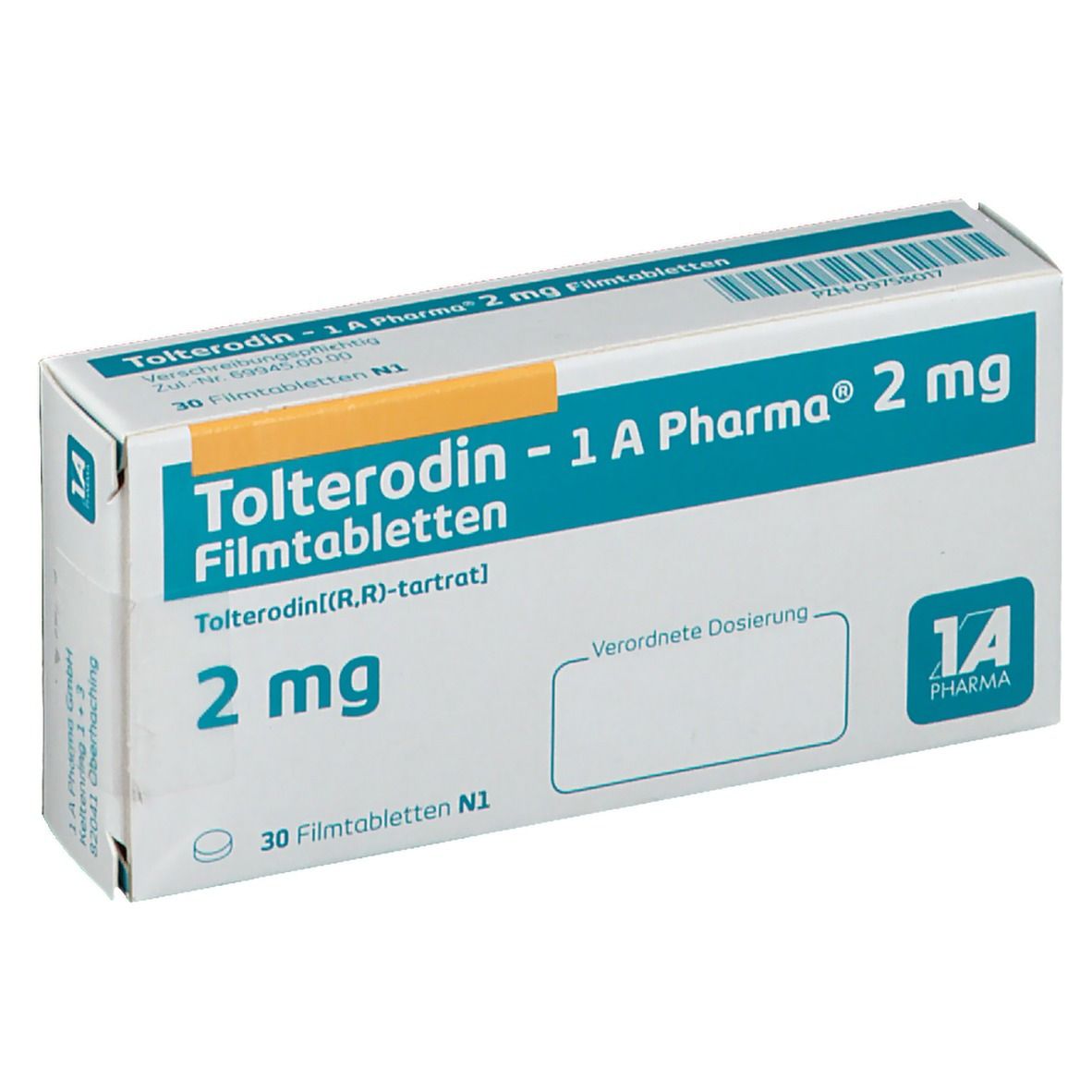 Schachtel mit Tolterodin - 1 A Pharma 2 mg Filmtabletten. Blaue und weiße Verpackung mit Produktnamen und Dosierung. 30 Filmtabletten.