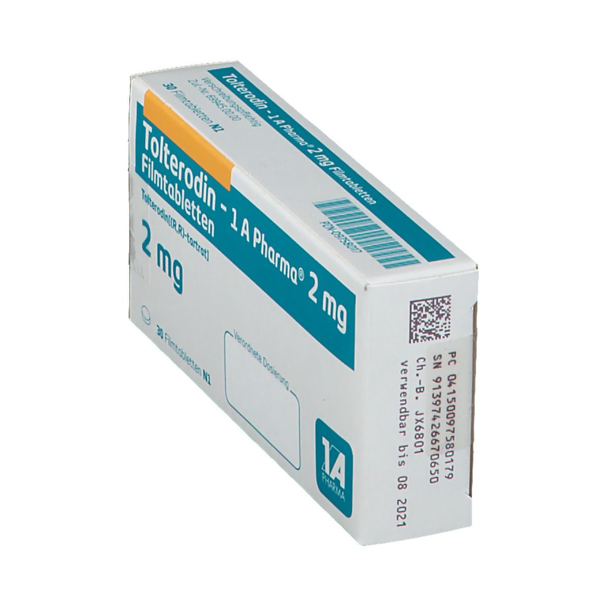 Schachtel Tolterodin - 1 A Pharma 2 mg Filmtabletten, schräg. Blaue und weiße Verpackung mit Produktnamen, Dosierung und Chargennummer.