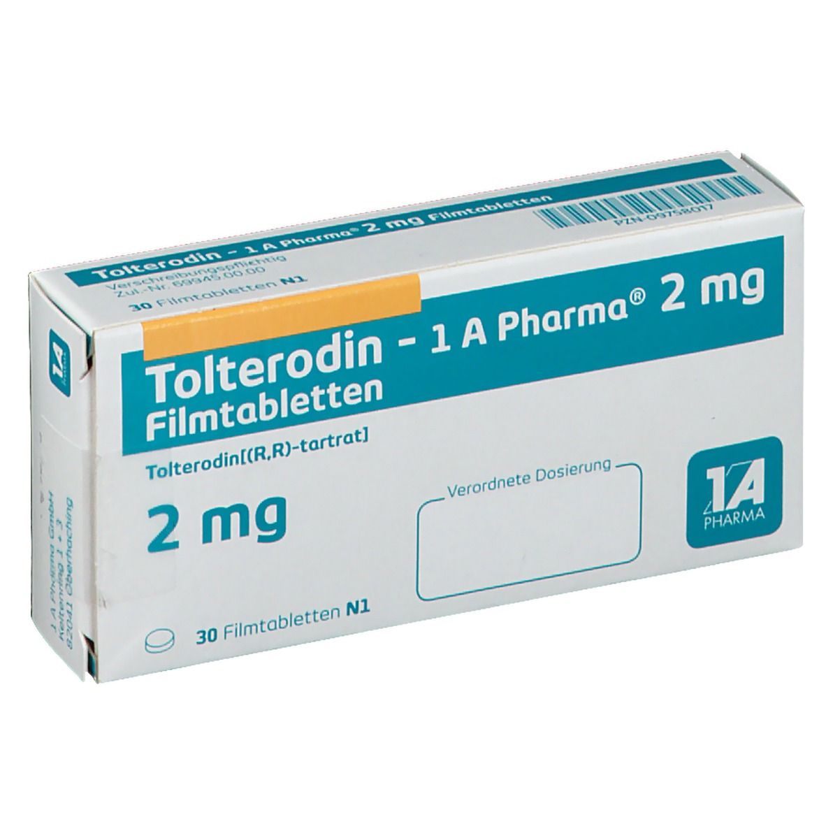 Schachtel mit Tolterodin - 1 A Pharma 2 mg Filmtabletten. Blaue und weiße Verpackung mit Produktnamen und Dosierung. 30 Filmtabletten.