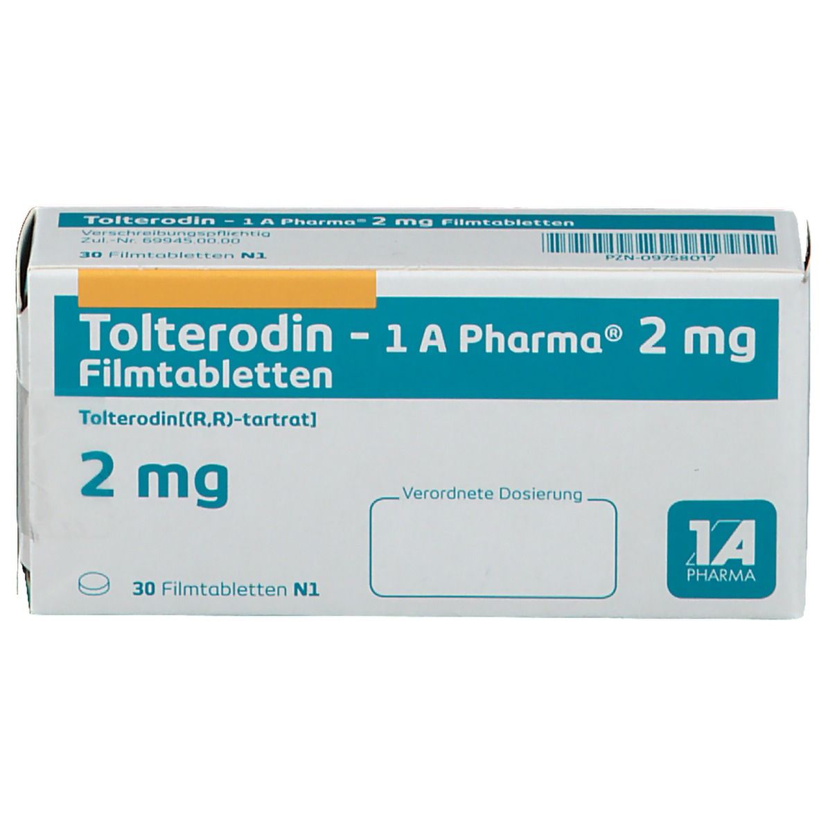 Schachtel Tolterodin - 1 A Pharma 2 mg Filmtabletten. Blaue und weiße Verpackung mit Produktnamen, Dosierung und 30 Tabletten.