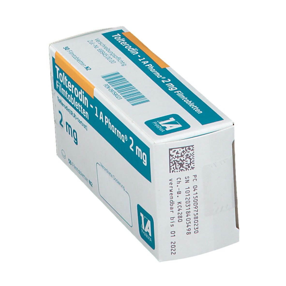 Schachtel "Tolterodin - 1 A Pharma 2 mg Filmtabletten". Blaue und weiße Verpackung. Seitenansicht. 2 mg.