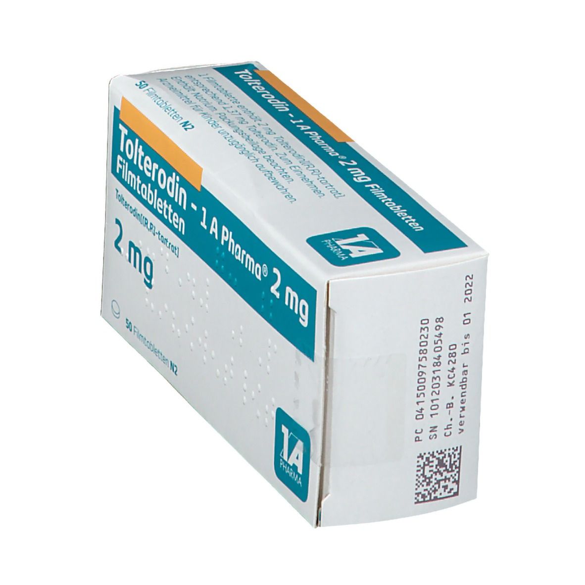 Schachtel "Tolterodin - 1 A Pharma 2 mg Filmtabletten". Blaue und weiße Verpackung. Seitenansicht. 2 mg.