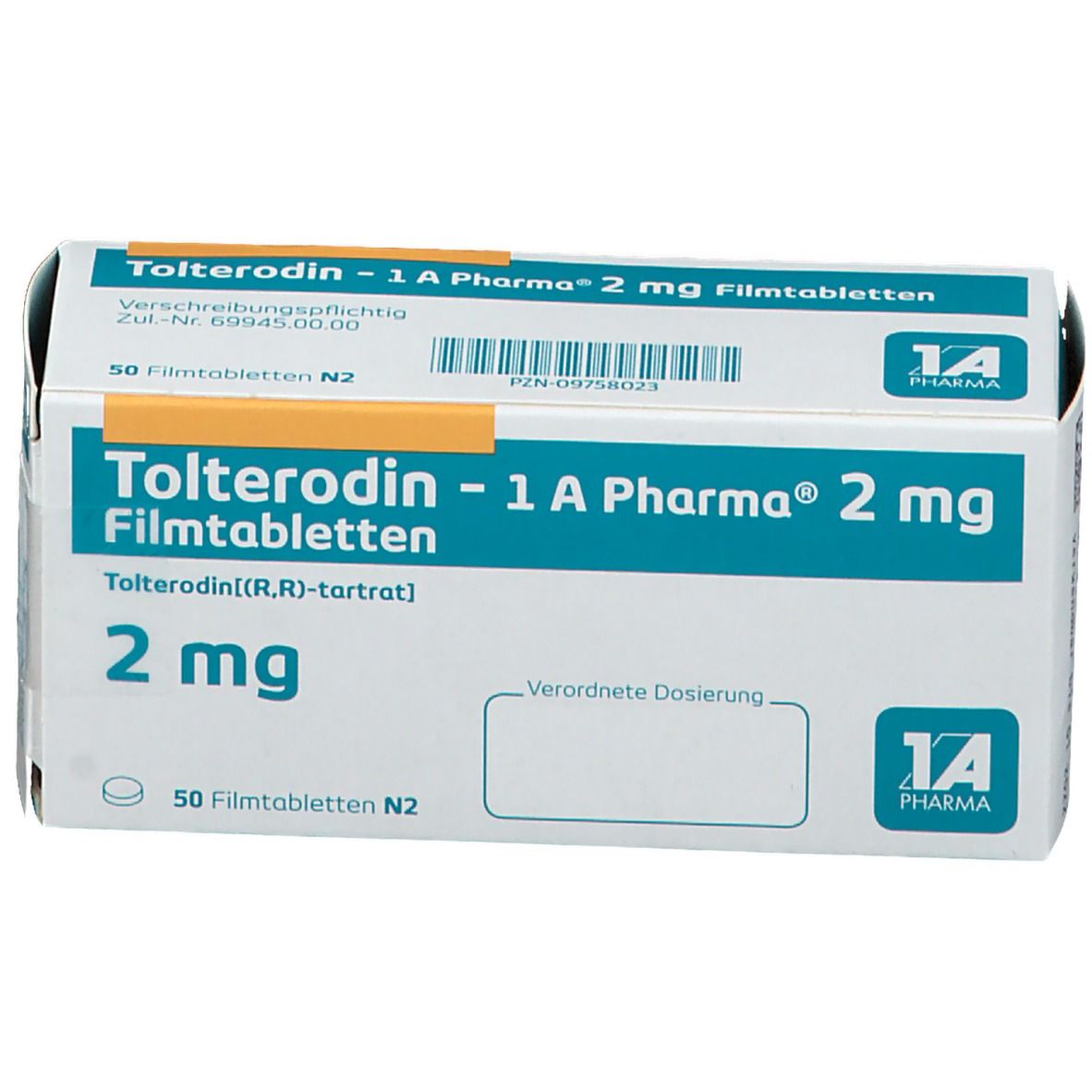 Schachtel "Tolterodin - 1 A Pharma 2 mg Filmtabletten". Blaue und weiße Verpackung. 50 Filmtabletten. 2 mg.