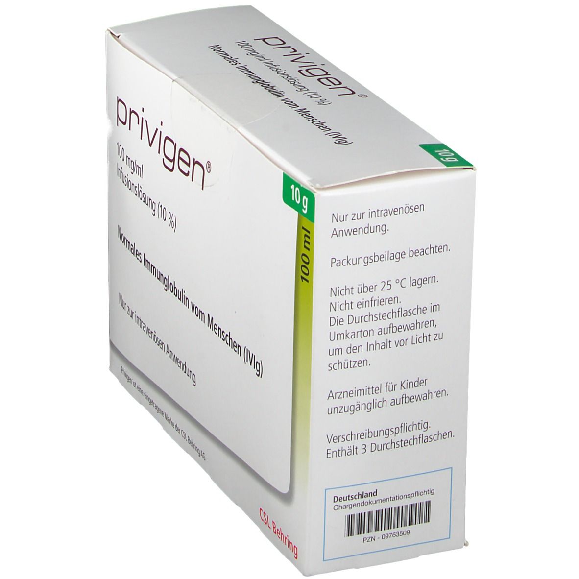 Kartonverpackung von PRIVIGEN, schräg gestellt. Aufschrift: 100 mg/ml Infusionslösung (10%). 10 g und 100 ml. Rückseite mit Text.