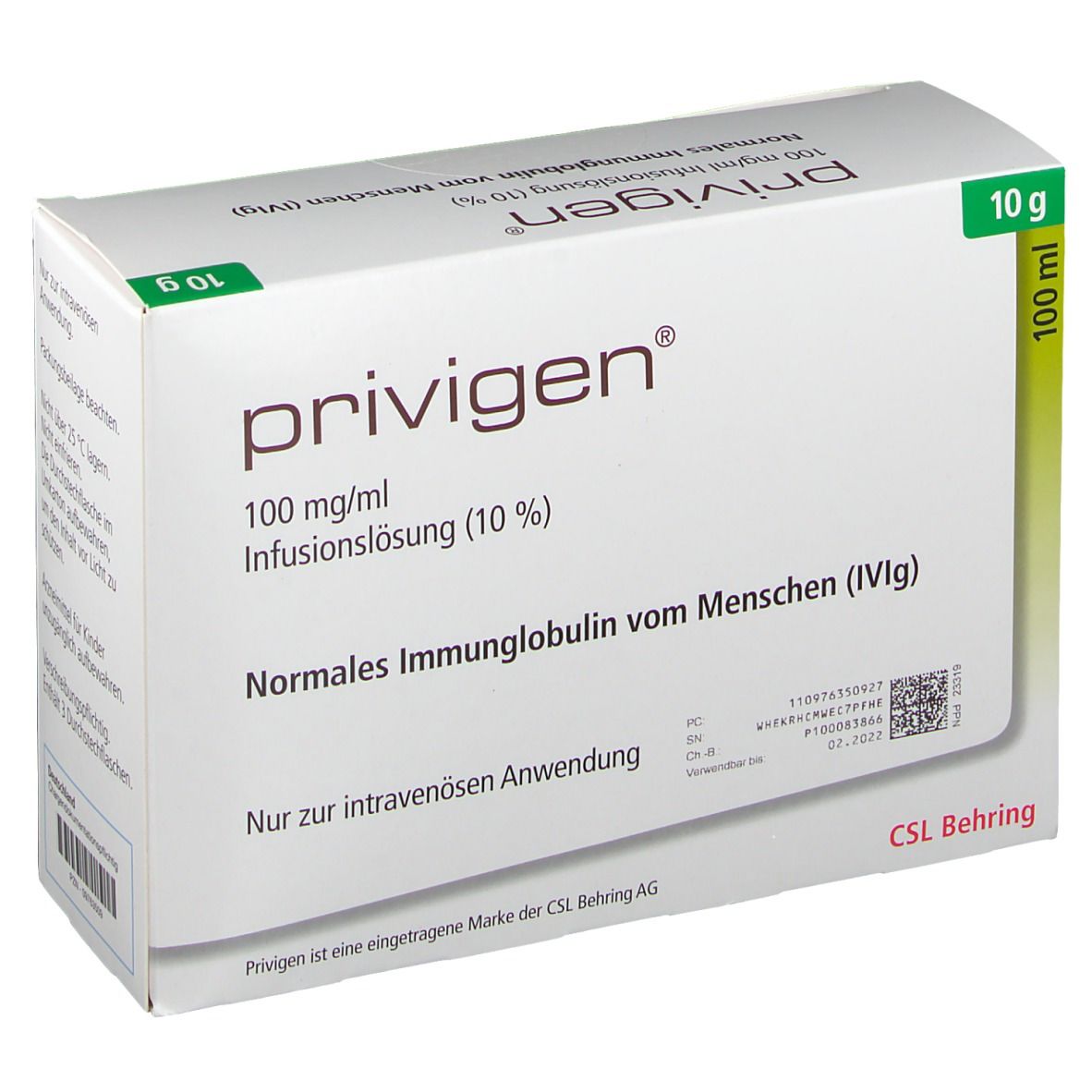 Kartonverpackung von PRIVIGEN. Aufschrift: 100 mg/ml Infusionslösung (10%). 10 g und 100 ml. CSL Behring Logo.