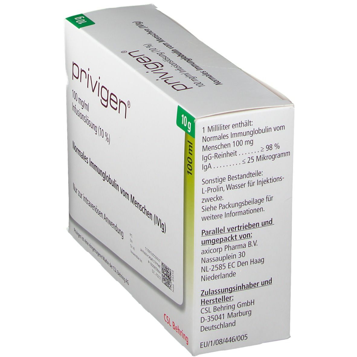 Kartonverpackung von PRIVIGEN, schräg gestellt. Aufschrift: 100 mg/ml Infusionslösung (10%). 10 g und 100 ml. Text auf der Rückseite.