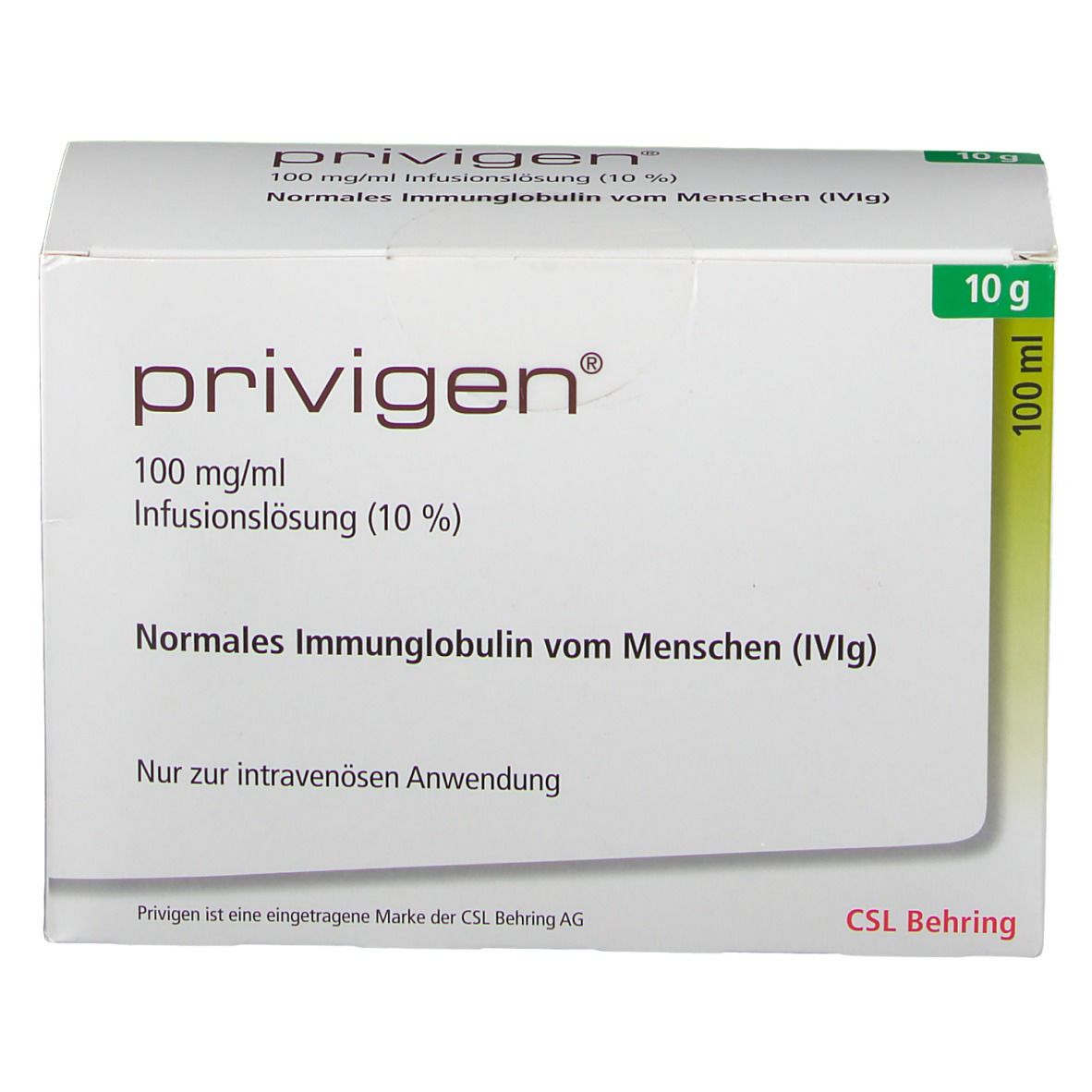 Kartonverpackung von PRIVIGEN. Aufschrift: 100 mg/ml Infusionslösung (10%). 10 g und 100 ml. CSL Behring Logo.