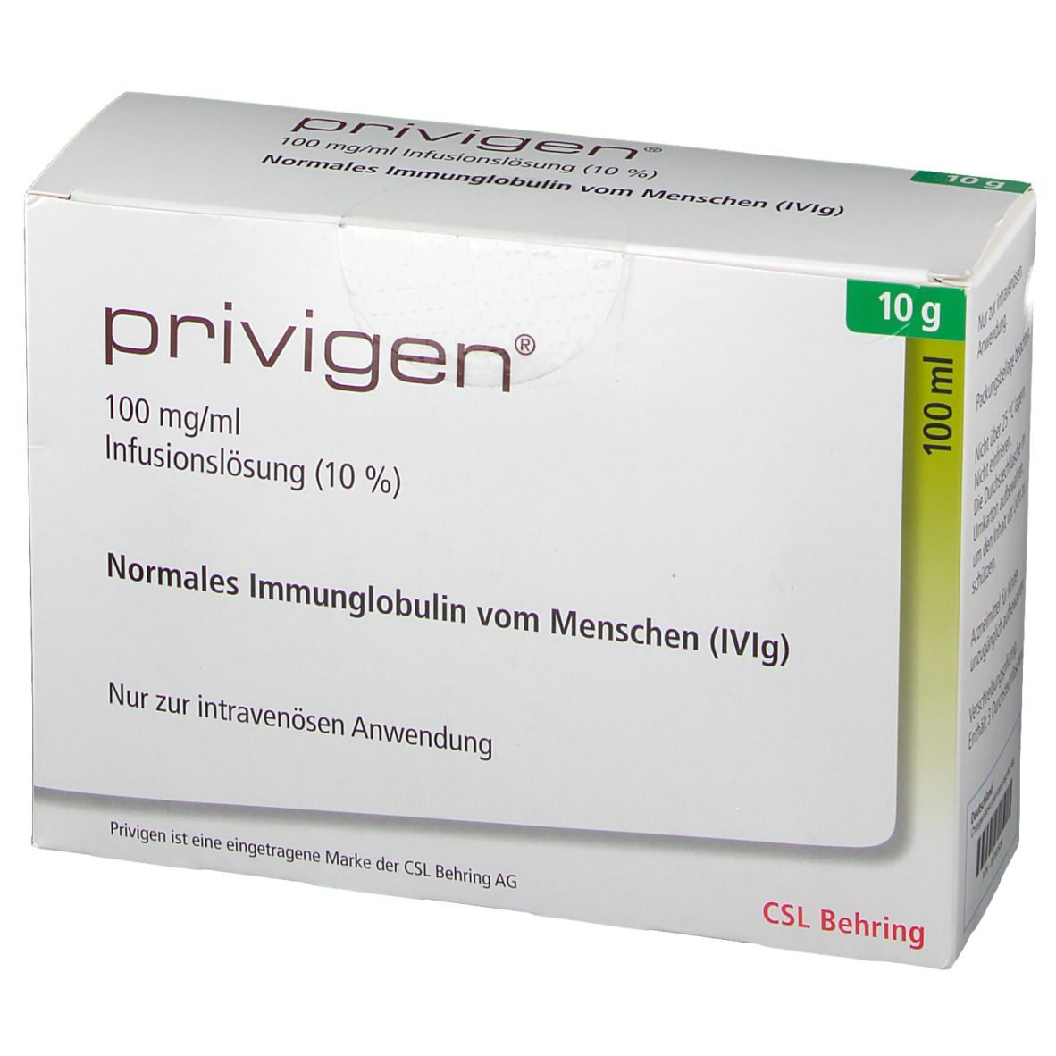 Kartonverpackung von PRIVIGEN. Aufschrift: 100 mg/ml Infusionslösung (10%). 10 g und 100 ml. CSL Behring Logo.