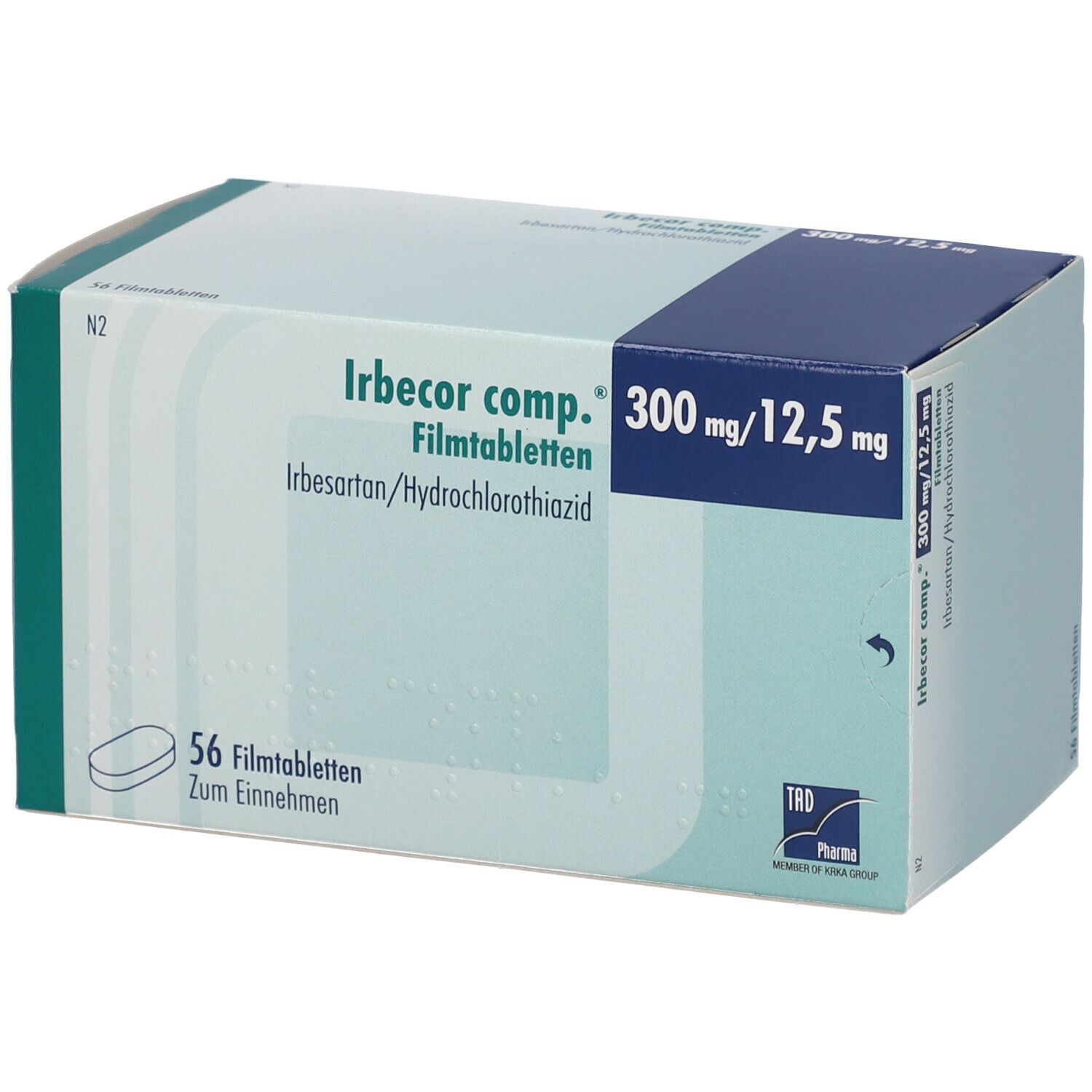 Karton von Irbecor comp.® 300 mg/12,5 mg Filmtabletten. Aufschrift: 56 Filmtabletten. Wirkstoffe: Irbesartan/Hydrochlorothiazid.