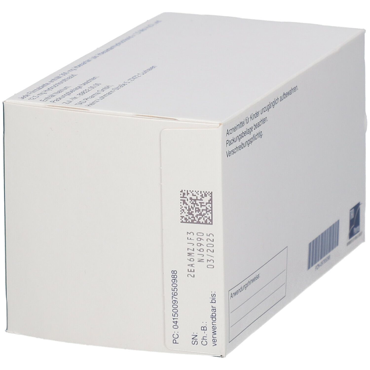 Seitenansicht des Kartons von Irbecor comp.® 300 mg/12,5 mg. Enthält Chargennummer, Verfallsdatum und Barcode. Packungsbeilage beachten.