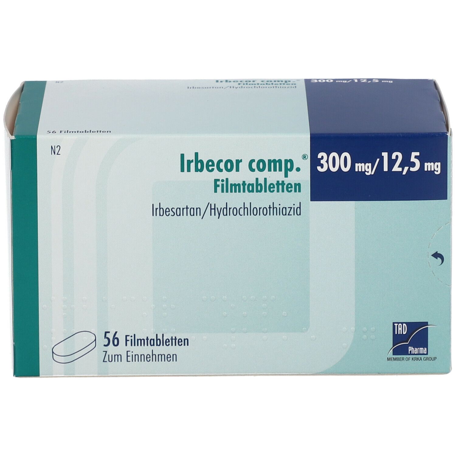 Karton von Irbecor comp.® 300 mg/12,5 mg Filmtabletten. Aufschrift: 56 Filmtabletten. Wirkstoffe: Irbesartan/Hydrochlorothiazid.