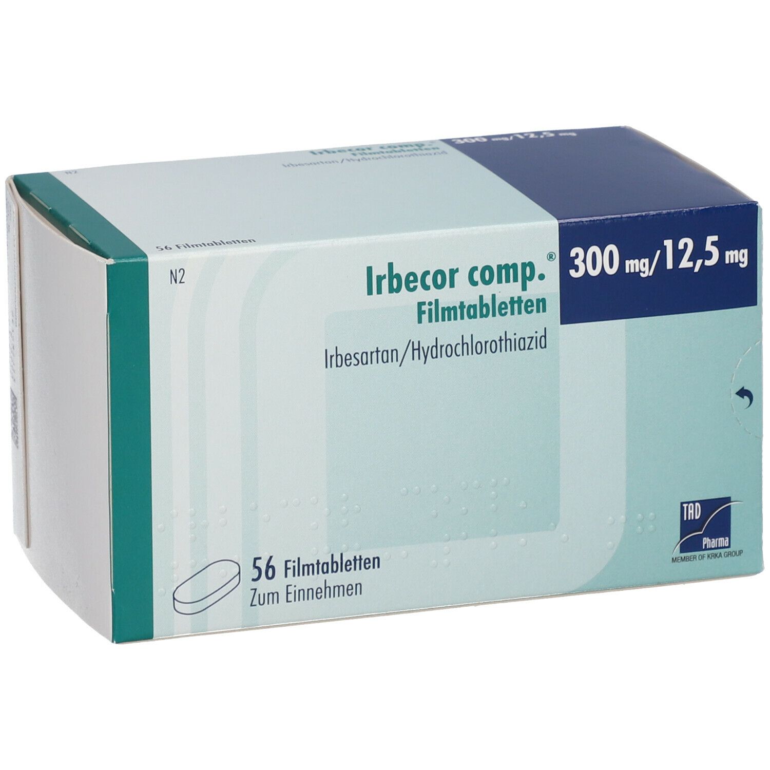 Karton von Irbecor comp.® 300 mg/12,5 mg Filmtabletten. Aufschrift: 56 Filmtabletten. Wirkstoffe: Irbesartan/Hydrochlorothiazid.