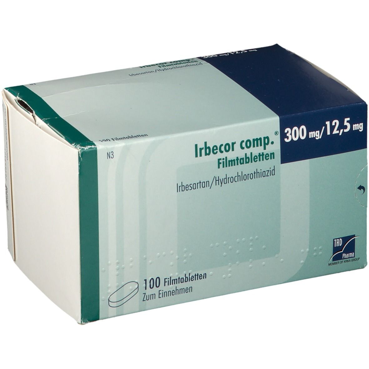 Karton von Irbecor comp.® 300 mg/12,5 mg Filmtabletten. Blaue und weiße Verpackung mit Produktnamen und Dosierung.