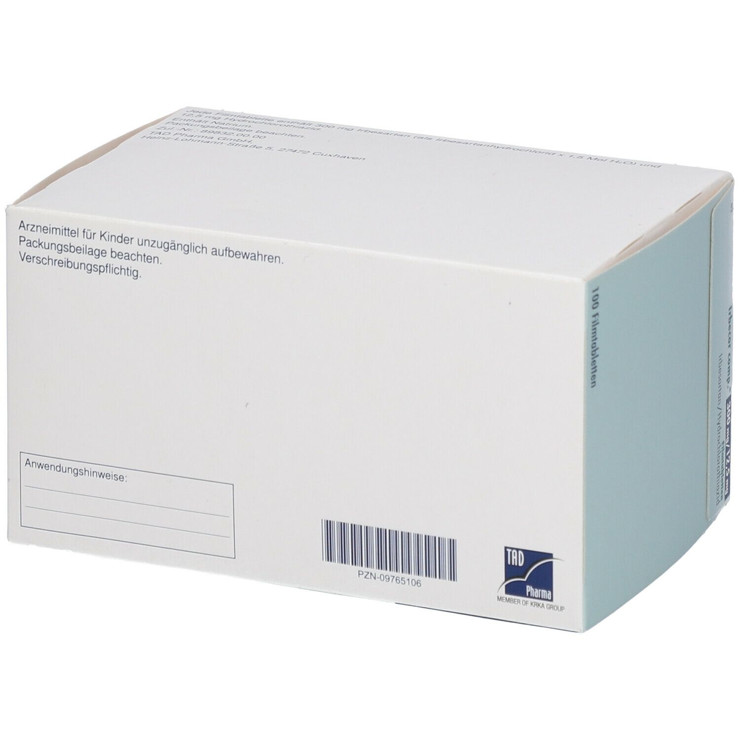 Rückseite des Kartons von Irbecor comp.® 300 mg/12,5 mg. Enthält Text, Barcode und Logo.