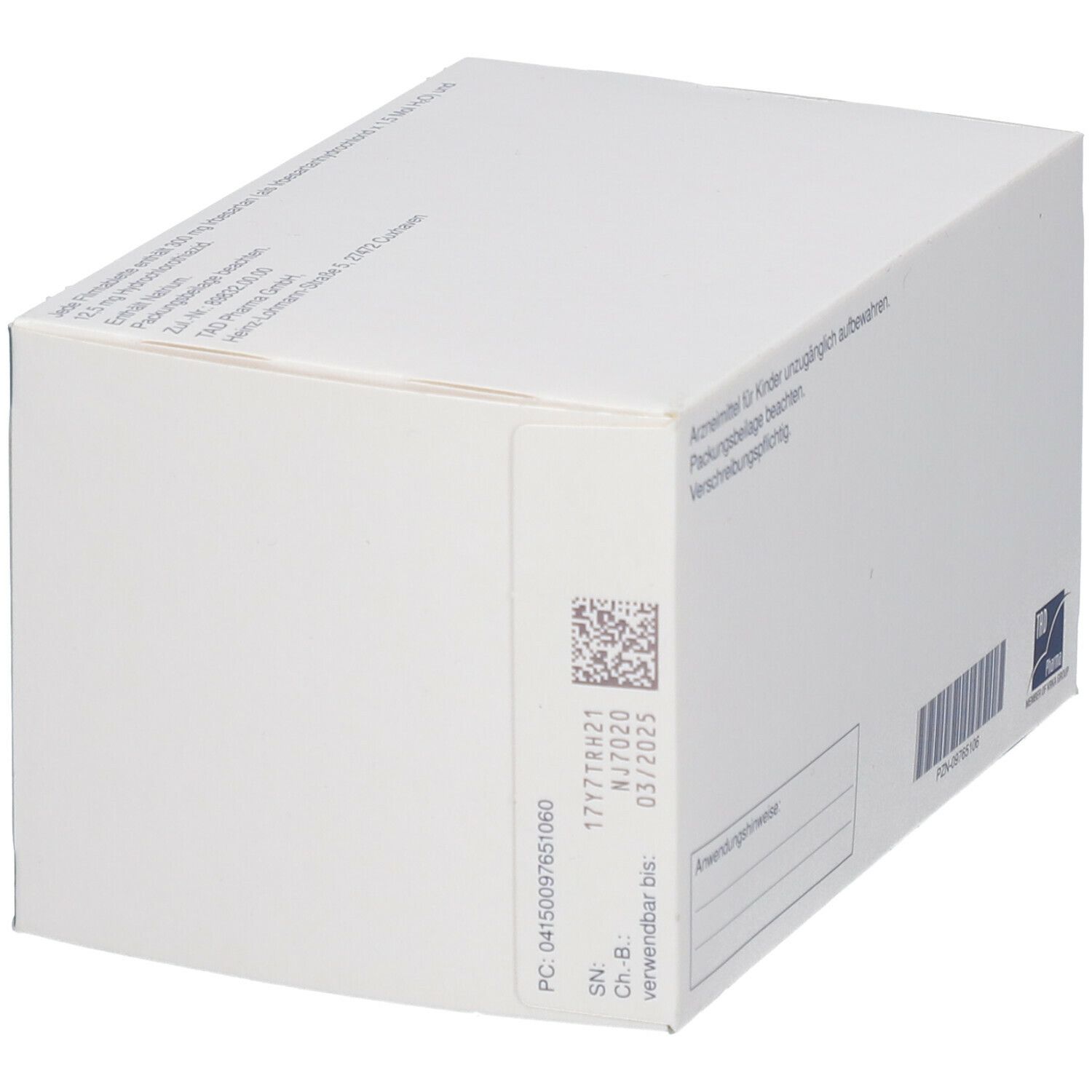 Seitenansicht des Kartons von Irbecor comp.® 300 mg/12,5 mg. Enthält Text, Barcode und Verfallsdatum.